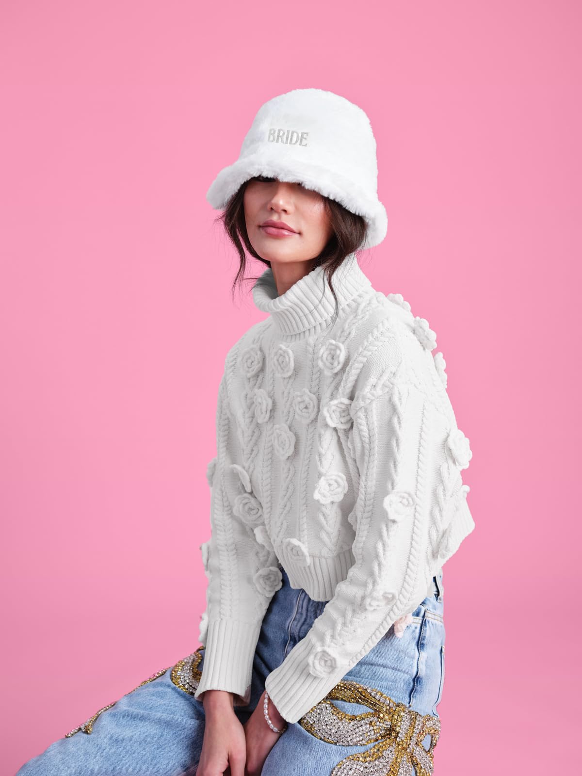 Fetti Bachelorette Party Decorations White Bride Fur Bucket Hat - Bach Party Decor, Bride to Be Gift, Cloud Nine Cool Winter Hat for Women - Perfect for Bachelorette Parties, Bridal Showers & Winter Weddings