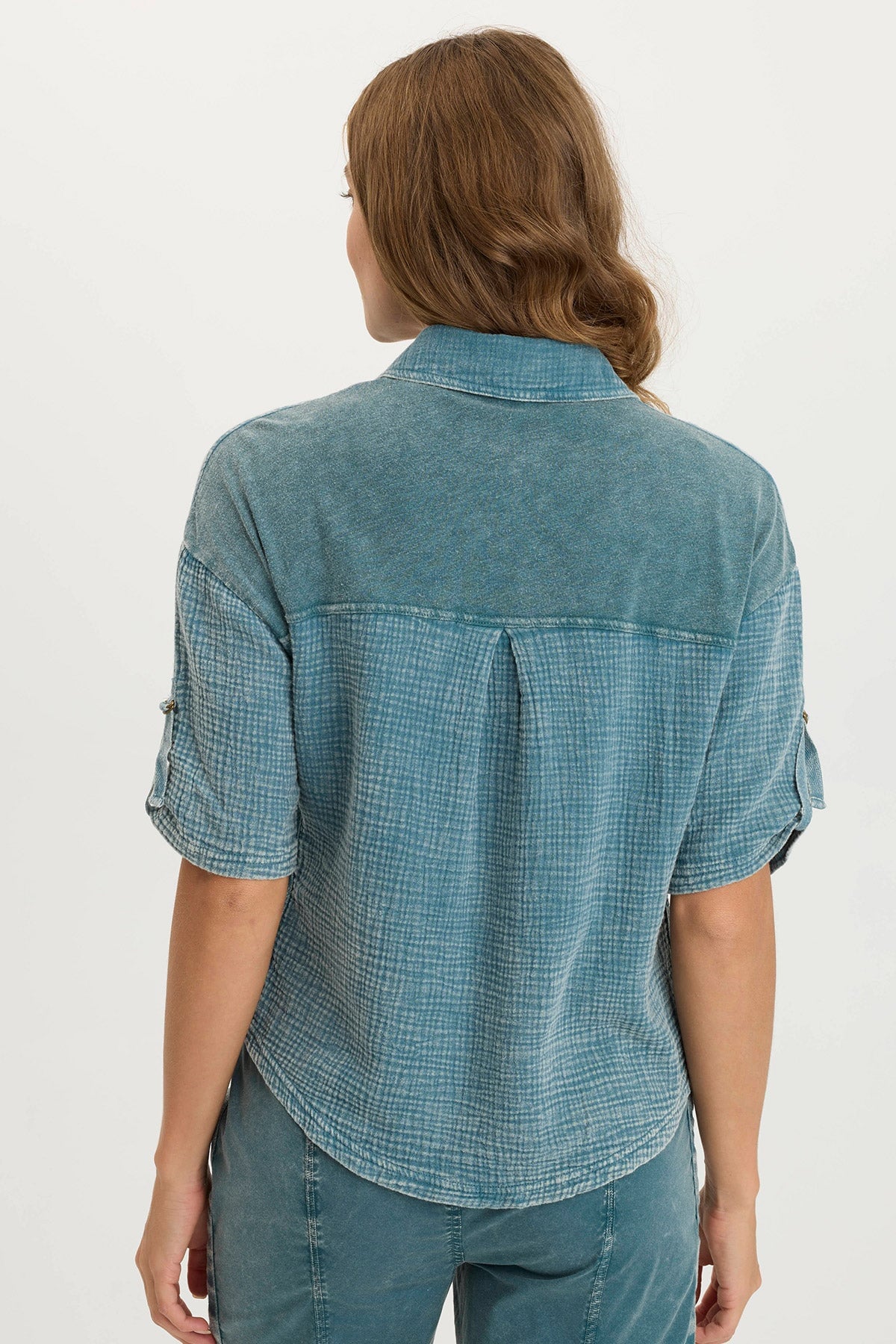 Maurise Gauze Jersey Tabbed Sleeve Snap Up Top - Women's Casual Boho Blouse for Summer, Beach, and Everyday Wear