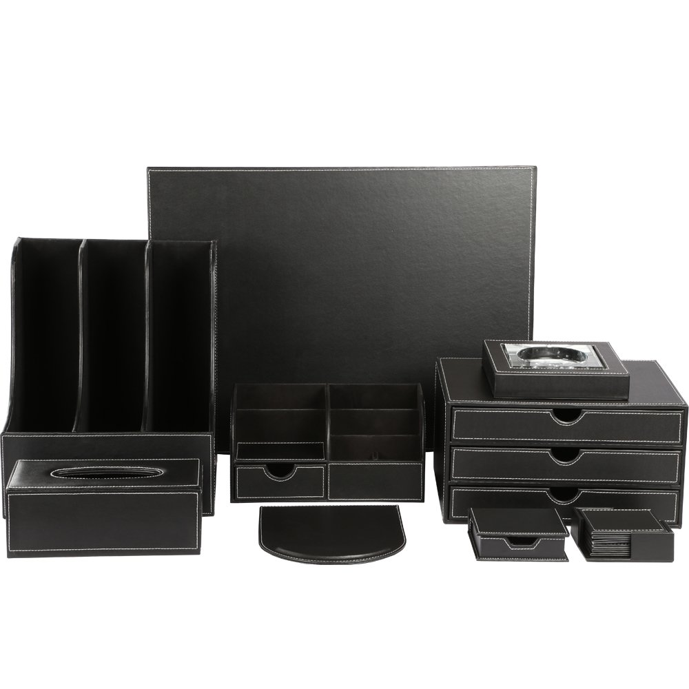 KINGFOM 9-Piece Desk Organizer Set - File Holder, Drawer Organizer, Tissue Box Cover, Storage Box, Mouse Pad, Desk Mat, Note Holder, Crystal Stand & Coasters - Perfect for Home Office, Workstation & Study Organization
