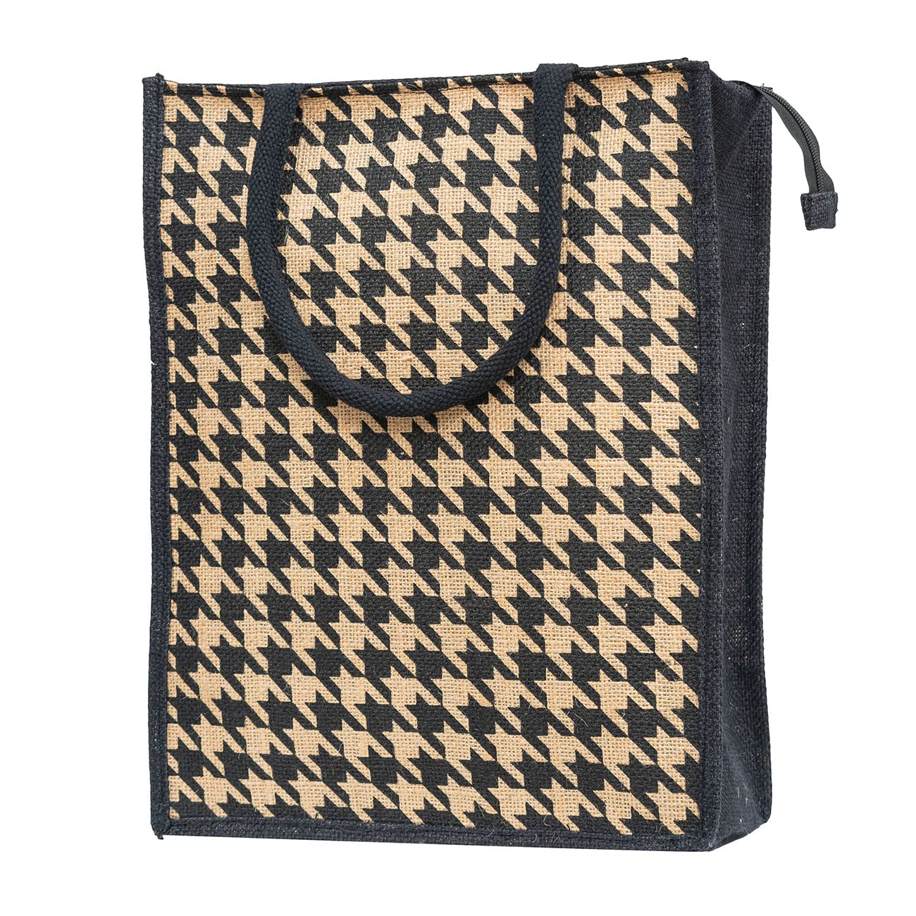JUTEKA Houndstooth Printed Jute Lunch Bag with Zipper - Eco-Friendly Reusable Grocery Tote & Picnic Bag for Men, Women & Kids | Perfect for Work, School & Outdoor Activities