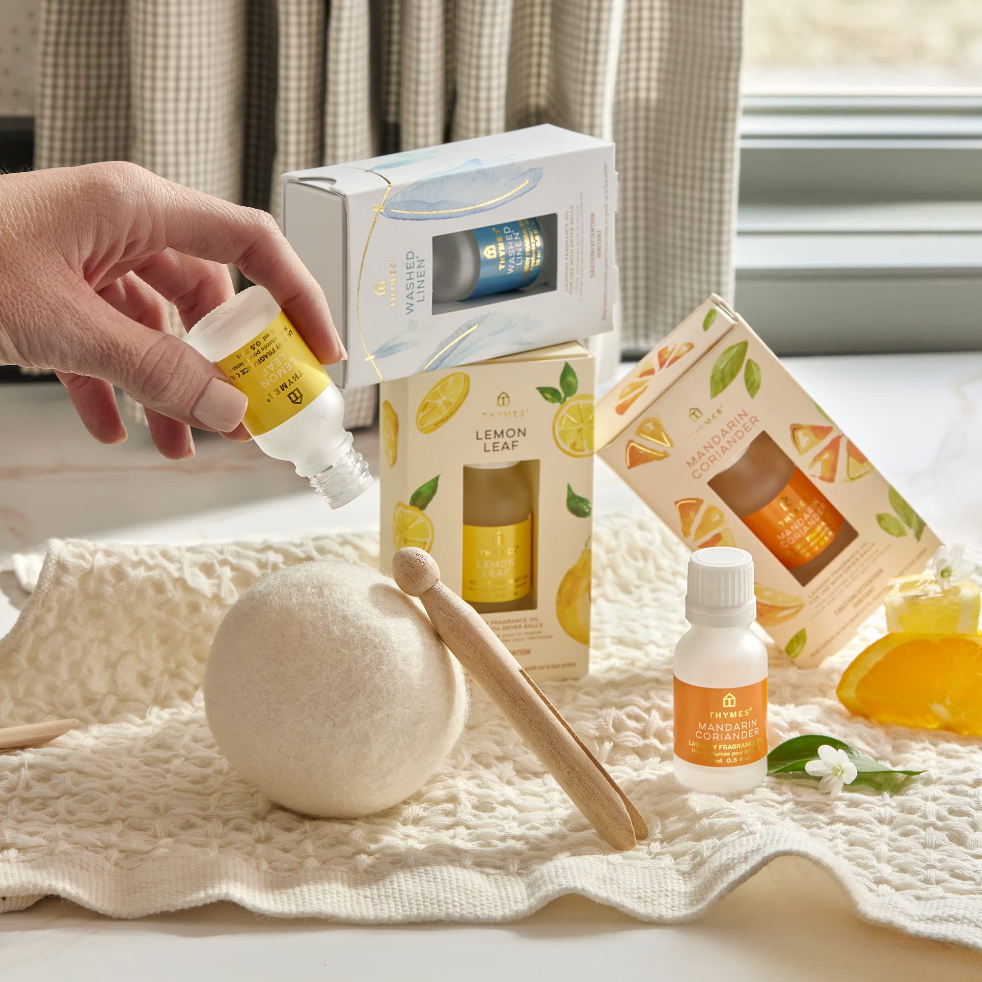 Thymes Wool Dryer Balls Set of 3 - Natural Fabric Softener with Scented Laundry Oil (Mandarin Coriander 0.5oz) - Reduce Static, Wrinkles & Lint - Eco-Friendly for Clothes Dryer - Perfect for Laundry, Baby Clothes & Sensitive Skin