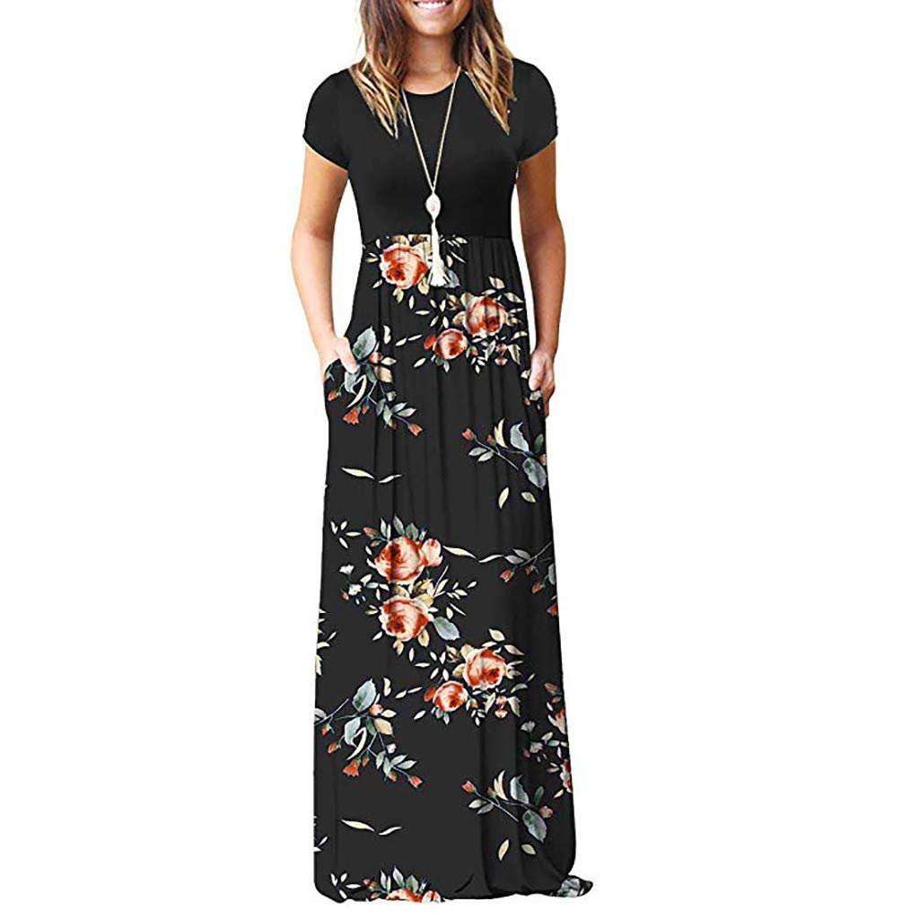 Floral Print Beach Summer Dress for Women - Cold Shoulder Maxi Dress with Pockets, Elegant Short Sleeve Casual Dress for Vacation, Pool Party & Outdoor Date