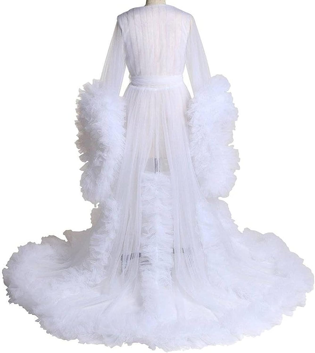 Elegant Long Tulle Bridal Robe with Open Front & Ruffle Details - Lingerie Nightgown for Wedding, Maternity Photoshoot & Special Occasions