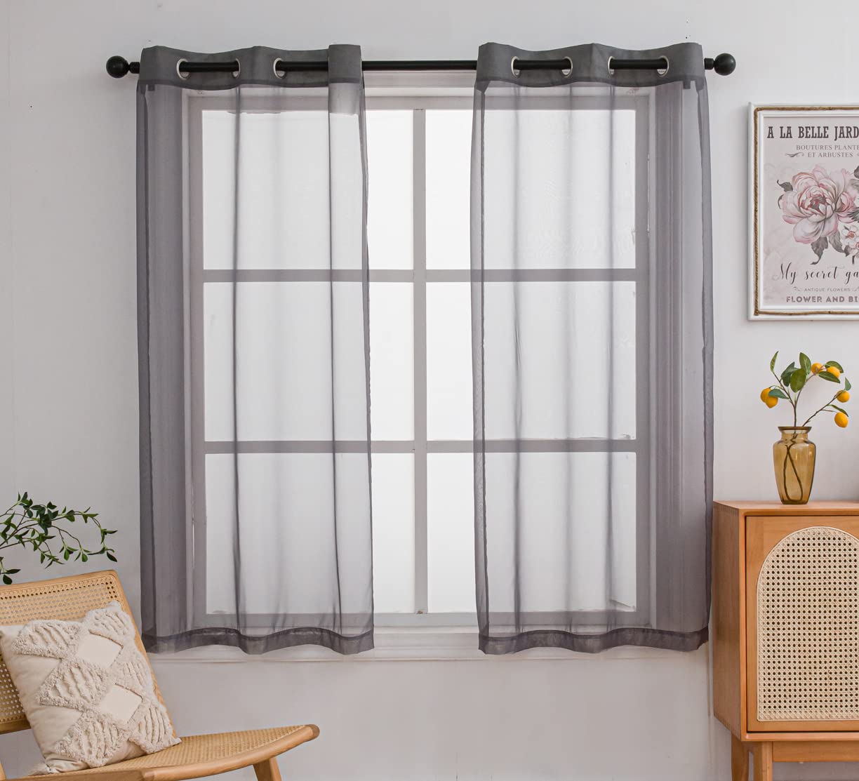 Sheer Voile Curtains 63 Inches Long with Grommet Top - 2 Panels (42x63 Inch, Dark Grey) for Kitchen, Dining Room & Living Room - Light Filtering Window Drapes for Privacy & Sun Protection