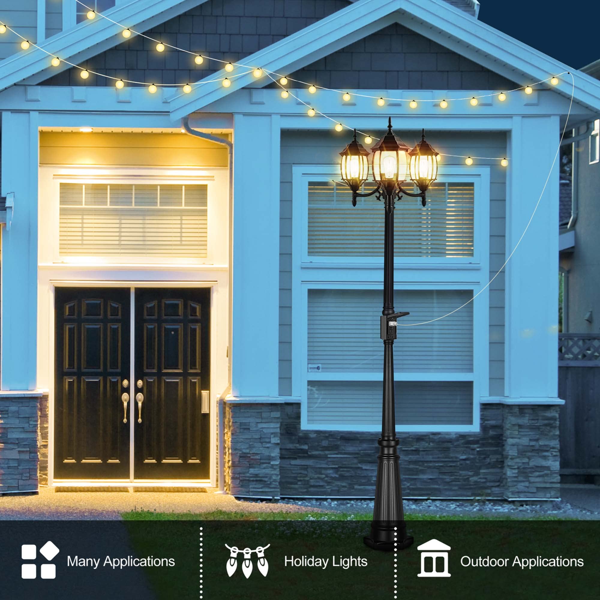 Dusk to Dawn Outdoor Lamp Post Light with GFCI Outlet - 3-Head Classic Black Light Pole with Glass Panels (3 LED Bulbs Included) - Waterproof Aluminum Street Light for Backyard, Garden, Driveway, Patio & Walkway Lighting