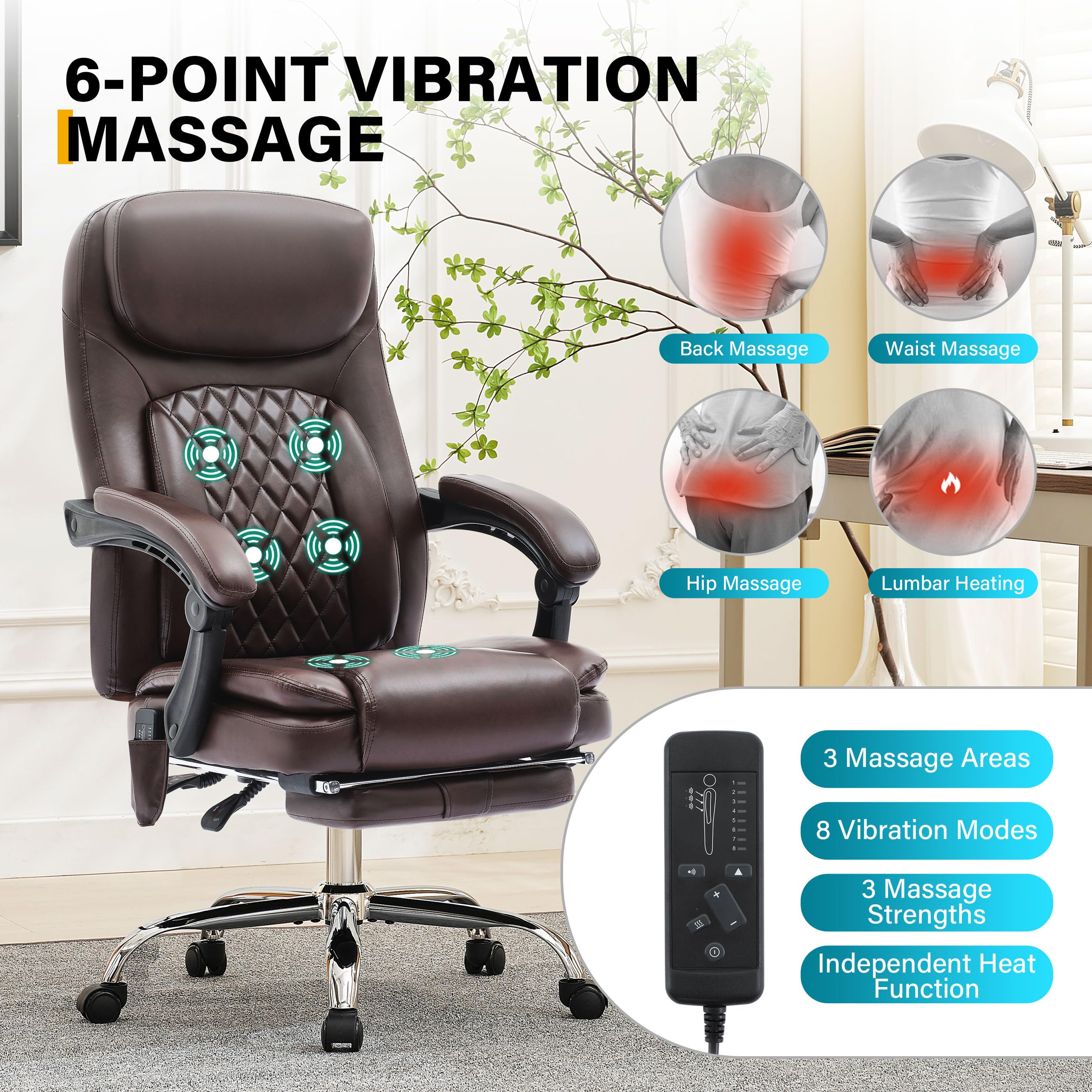 6-Point Massage Office Chair with Heating - Ergonomic Executive Chair with Footrest, 45° Recline & High Back Support - 500LBS Weight Capacity Thick Cushion Desk Chair for Home Office (Brown) - Perfect for Long Work Hours, Gaming & Relaxation