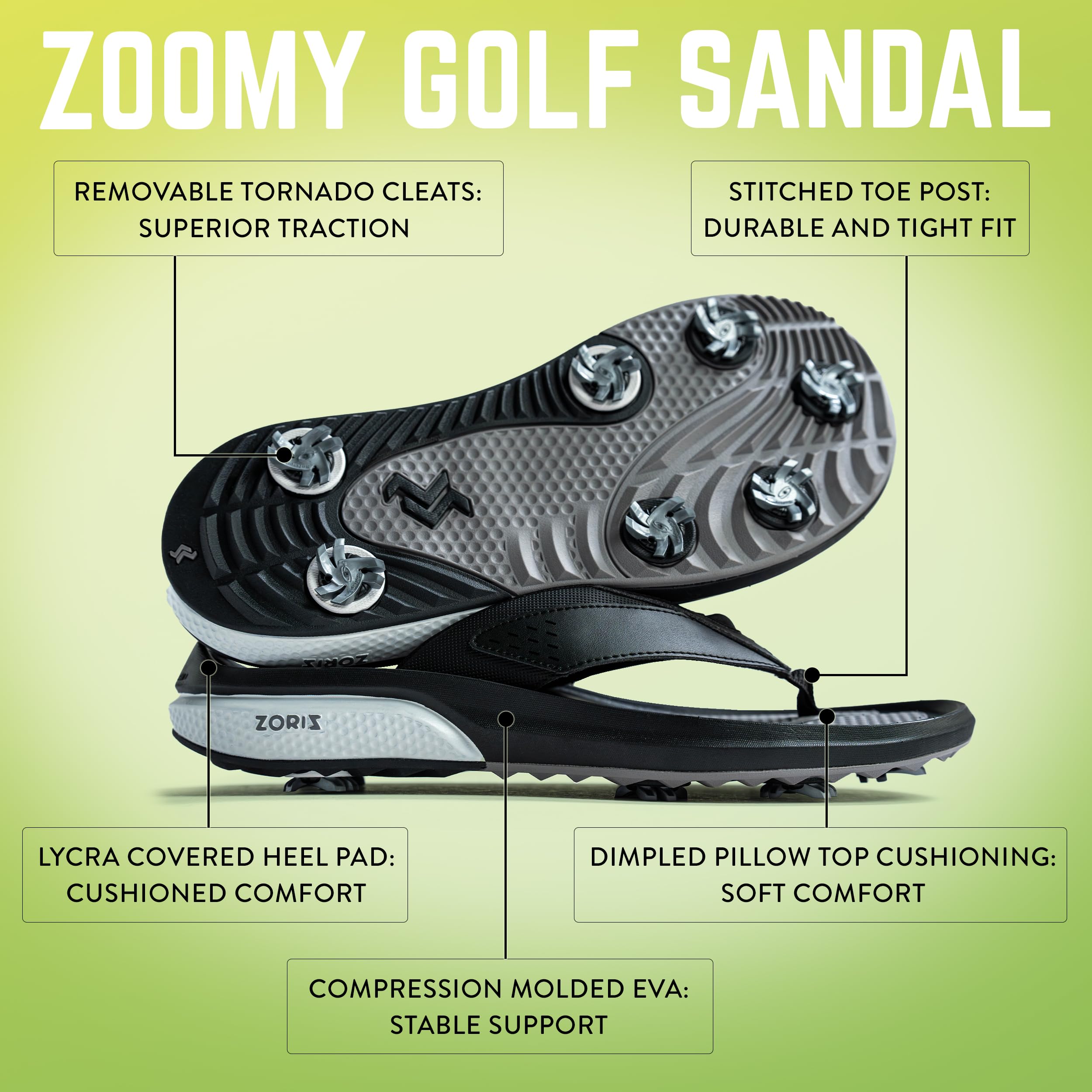 ZORIZ Zoomy Golf Sandals - Unisex Golf Flip Flops with Removable Tornado Golf Cleats - Men's & Women's Sandals for Walking, Beach, Sports - Perfect for Golf Course, Casual Wear & Outdoor Activities