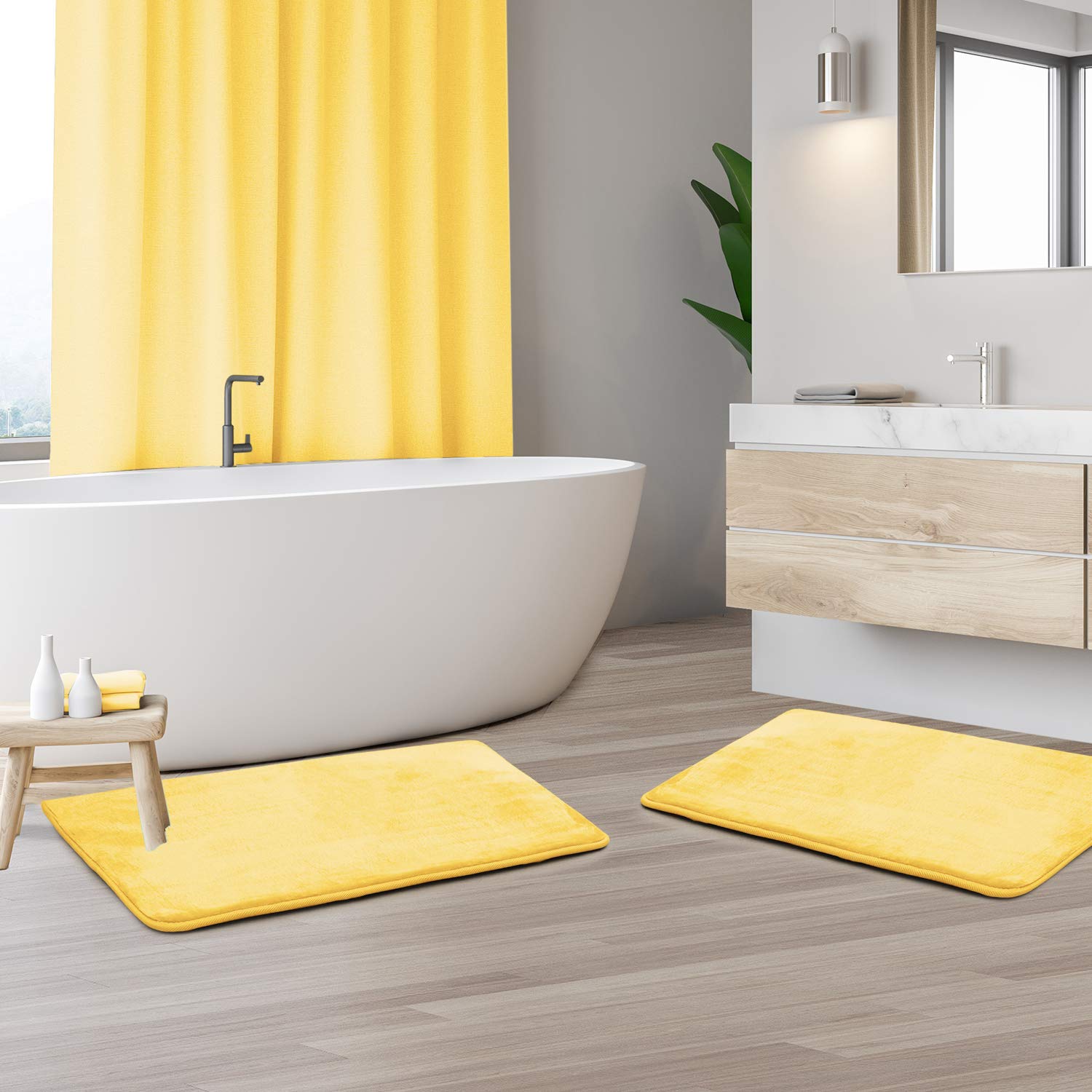 Clara Clark Memory Foam Bath Mat Set of 2 - Non-Slip Super Absorbent Fast Drying Bathroom Rugs (17x24 Inches, Yellow) - Soft Machine Washable for Shower, Bathtub & Bathroom Floor Safety