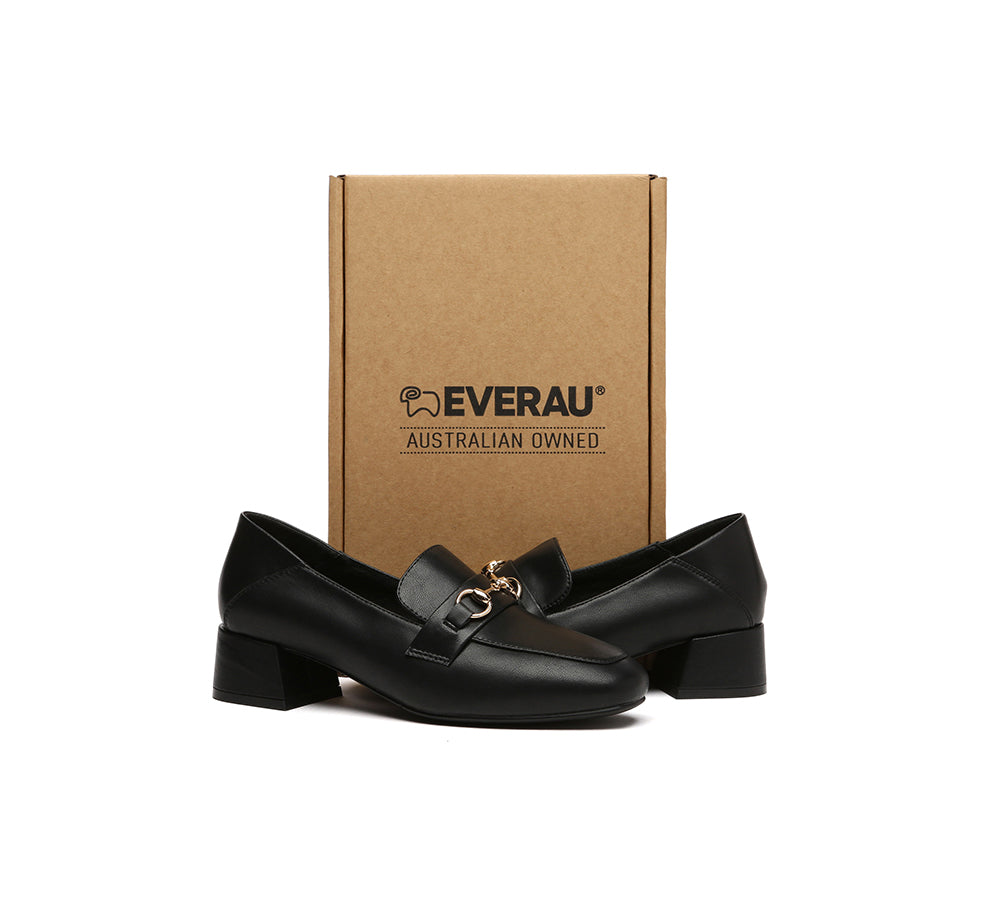 EVERAU® Women's Leather Loafers with Gold Buckle - Low Block Heel Comfortable Slip-On Shoes for Work, Office & Casual Outfits