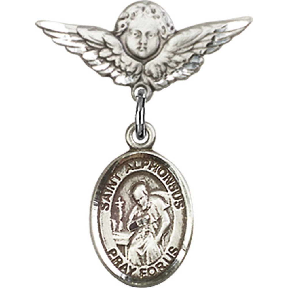 St. Alphonsus Sterling Silver Baby Charm with Angel Wings Badge Pin - 7/8 X 3/4 Inch - Perfect for Christening Gifts, Baptism Jewelry & Baby Blessings