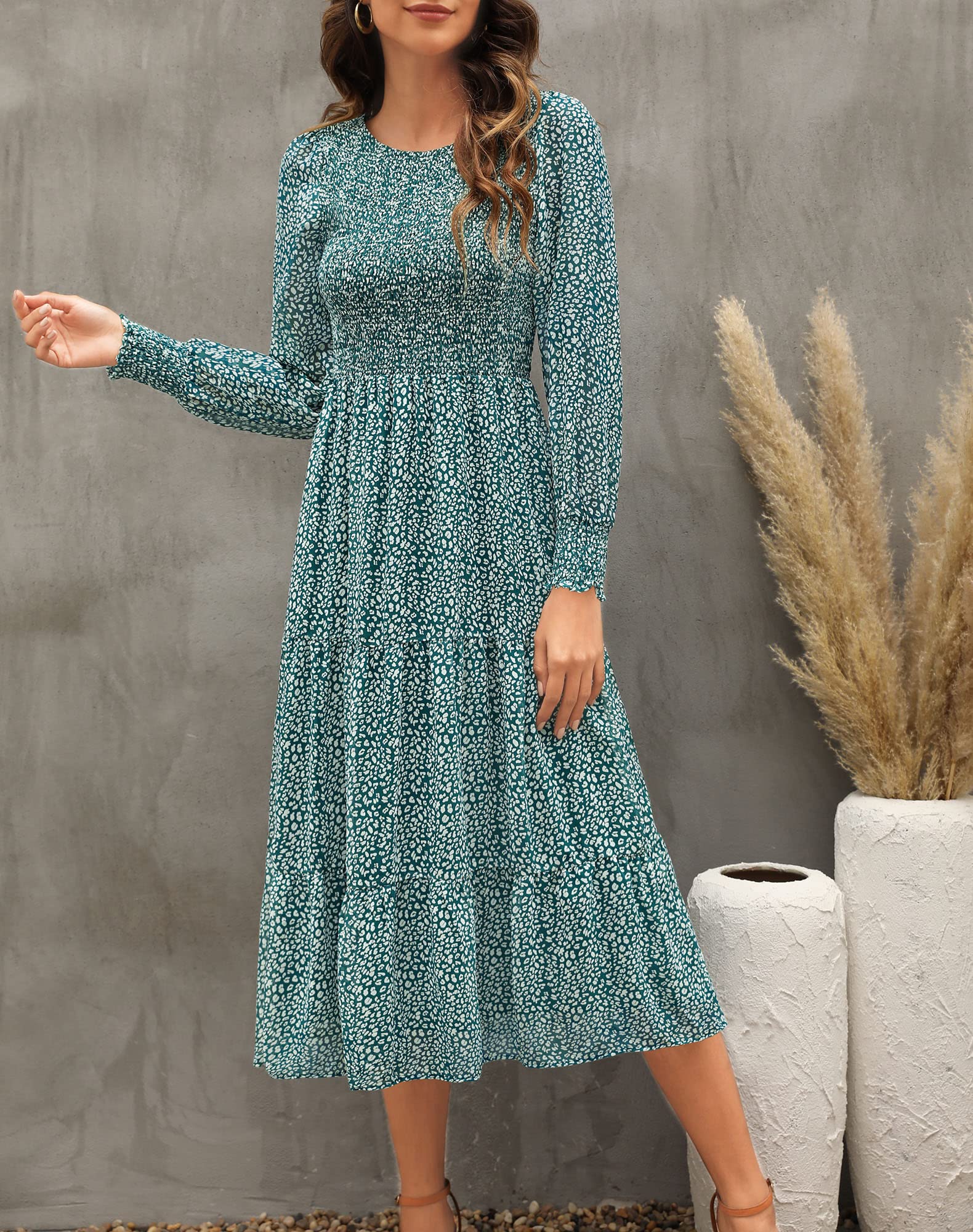 Zattcas Women's Fall Dresses 2025 - Casual Long Sleeve Smocked Boho Floral Tiered Midi Dress with Pockets for Wedding Guest, Party, Date Night & Office Wear