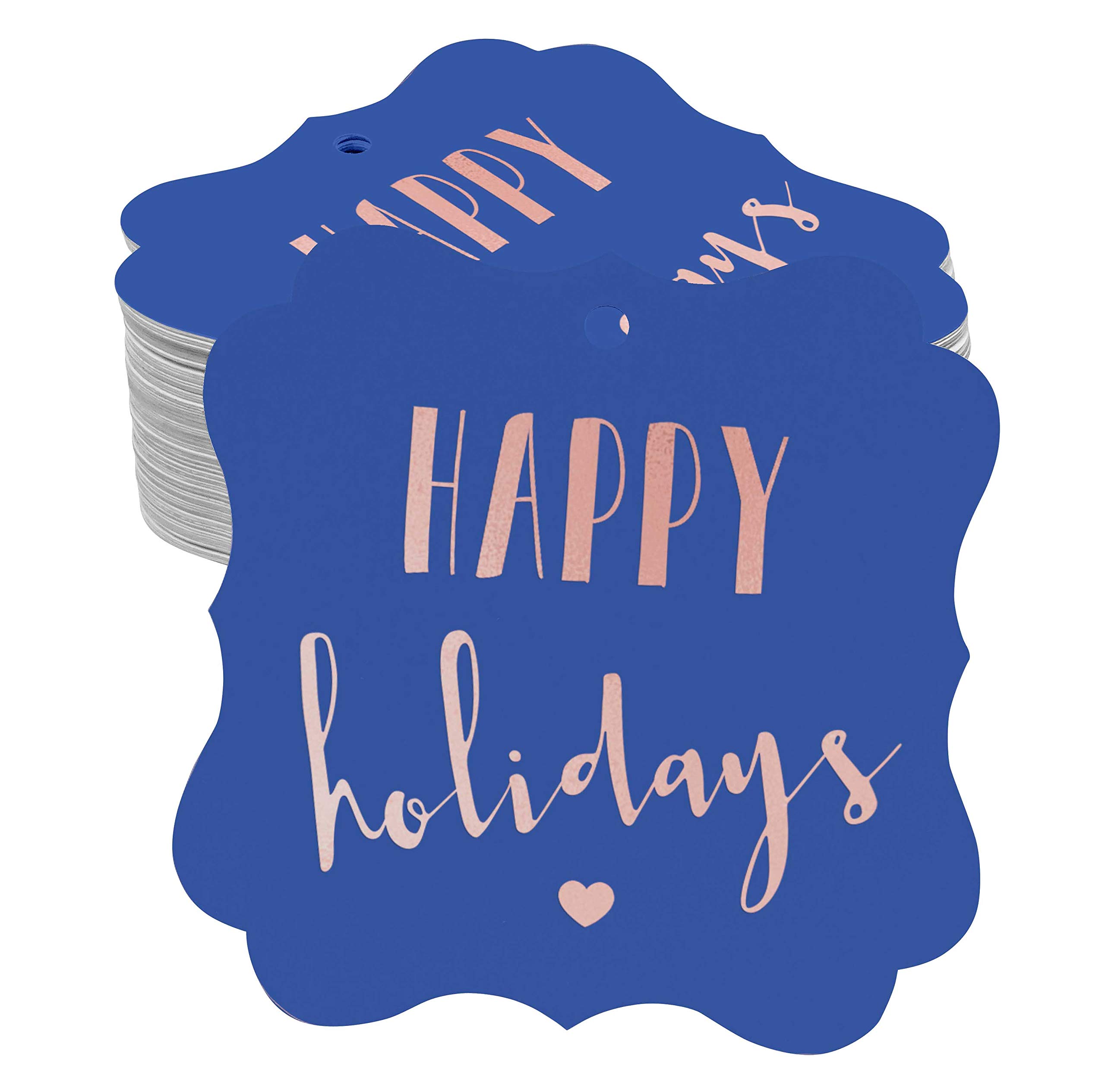 Happy Holiday Favor Bracket Shape Gift Tags - 100 Pack Rose Gold Foil Bonbonniere Tags for Christmas, Wedding, Baby Shower & Party Favors