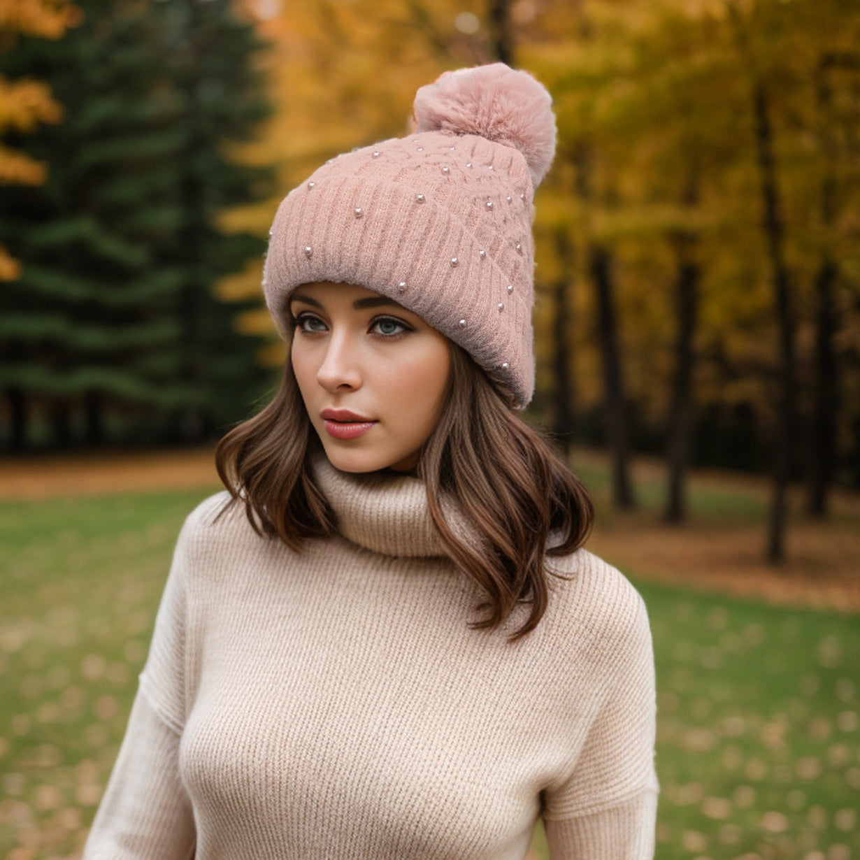 Pearl Faux Fur Pom Pom Winter Hat for Women - Soft Dusky Pink Beanie with Faux Fur Ball - Perfect for Cold Weather, Outdoor Activities & Fashion Accessories