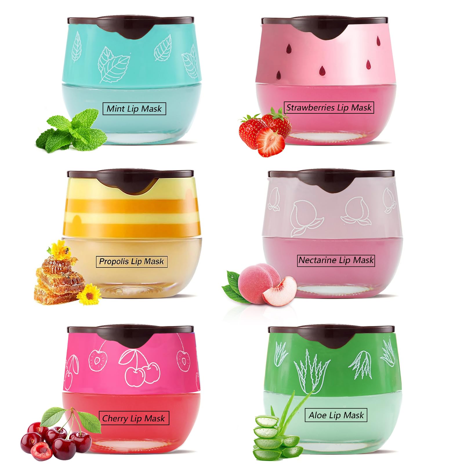 6PCS Bee Lip Balm Set - Honey Propolis Moisturizing & Hydrating for Dry Lips (Cherry, Nectarine, Aloe, Mint, Strawberry, Honey) - Overnight Lip Care