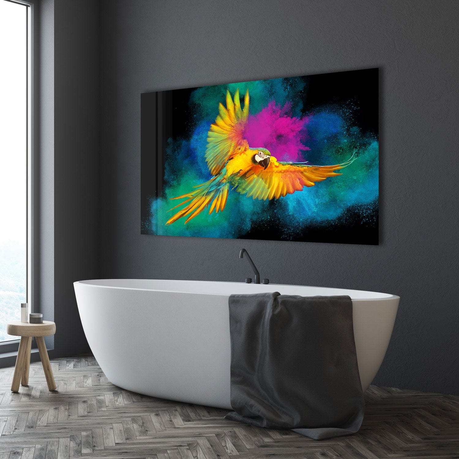 Rainbow Parrot Tempered Glass Wall Art - Vibrant Home Decor for Living Room, Bedroom & Office - Shatterproof Glass Painting for Modern Interior Design