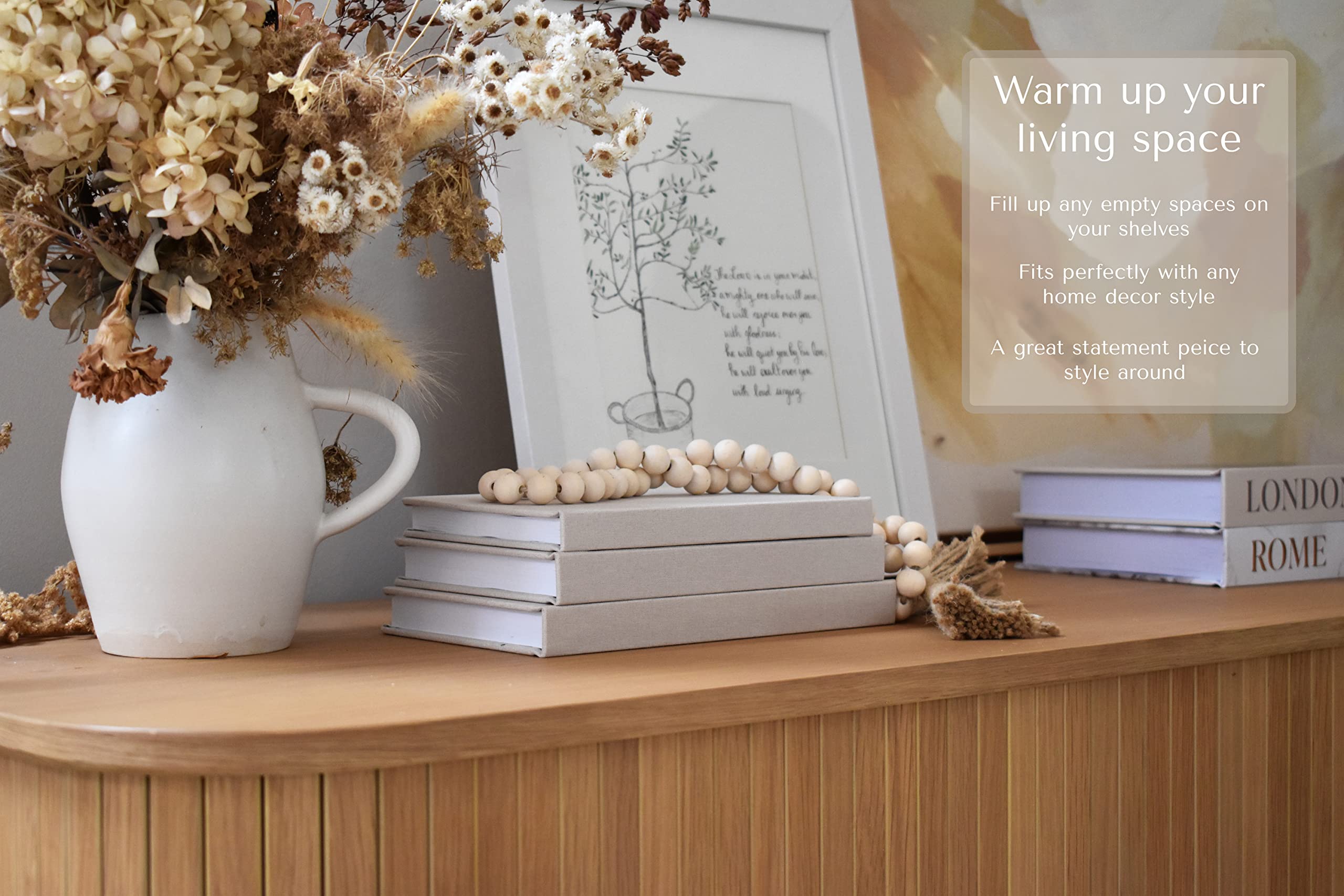 Decorative Fabric Books Set of 3 - Neutral Latte Beige Linen Books with Wooden Bead Garland for Boho Home Decor | Bookshelf Styling, Fireplace Mantel Decor, Coffee Table Centerpiece, Tiered Tray Display | Perfect for Living Room, Bedroom & Office Decor