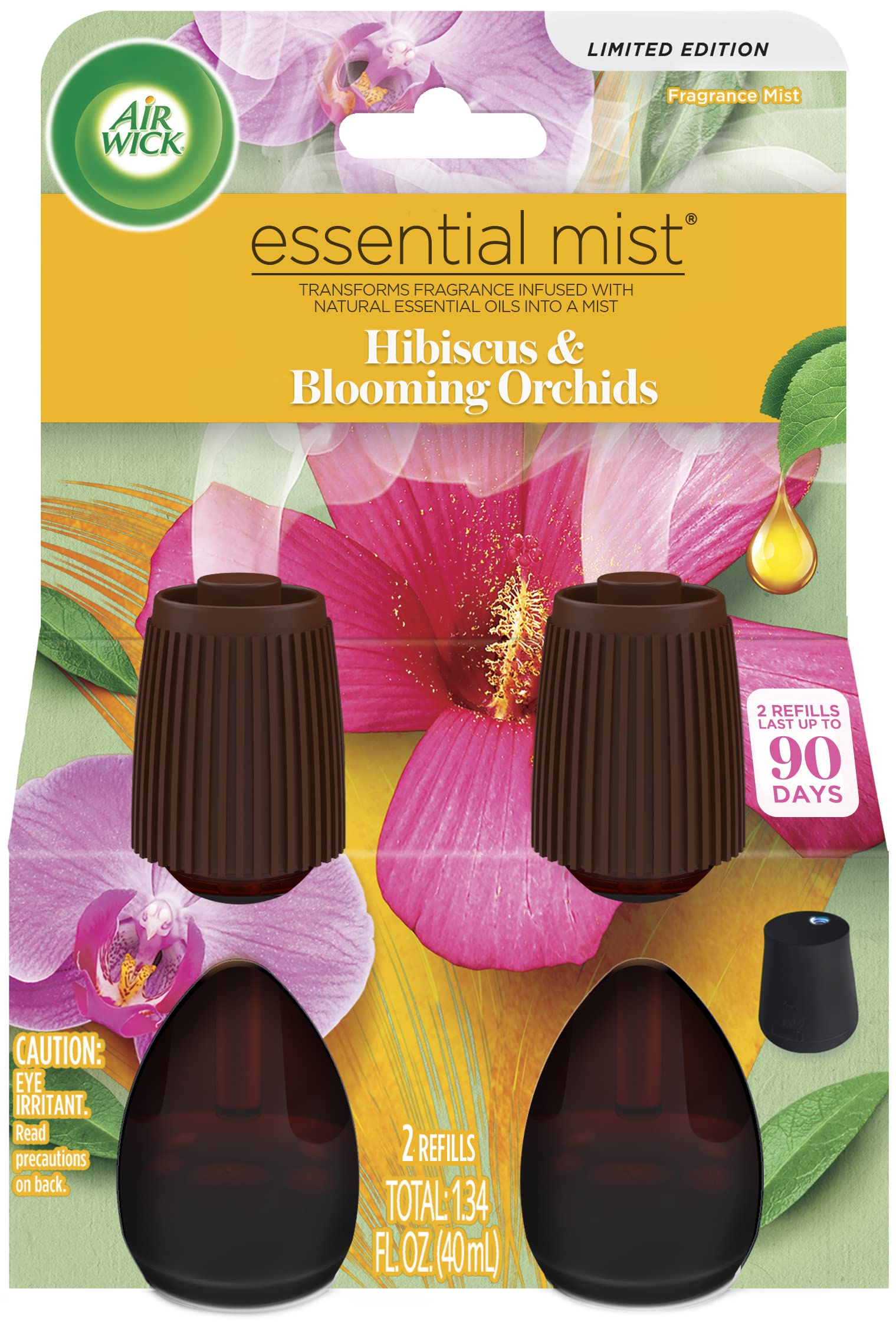 Air Wick Essential Mist Refill - 2 Pack Hibiscus & Blooming Orchids Scent | Essential Oil Diffuser for Home | Long-Lasting Air Freshener for Bedroom, Bathroom & Living Room