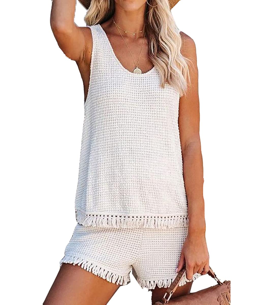 Xfileen Women's Summer Short Sets - Comfortable 2 Piece Outfit with Tassel Trim, Casual Tank Top & Shorts for Beach, Vacation & Lounge Wear
