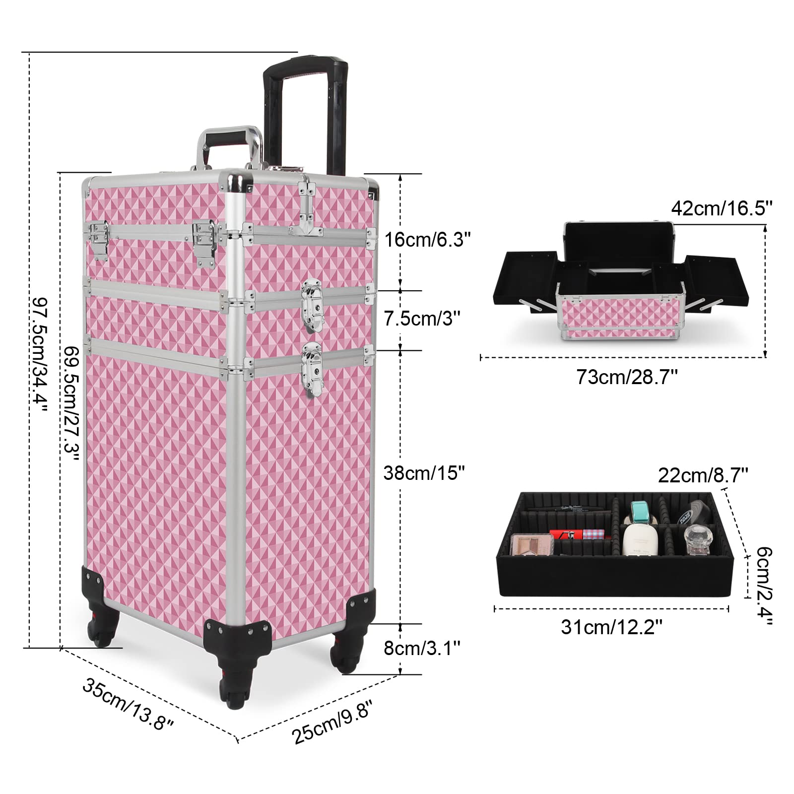 3-in-1 Professional Rolling Makeup Case with Lock & Wheels | Large Cosmetic Storage Trolley for Beauty Artists | Travel-Friendly Pink Train Case (0079) | Perfect for Salon, Mobile Makeup Services & Travel Organization