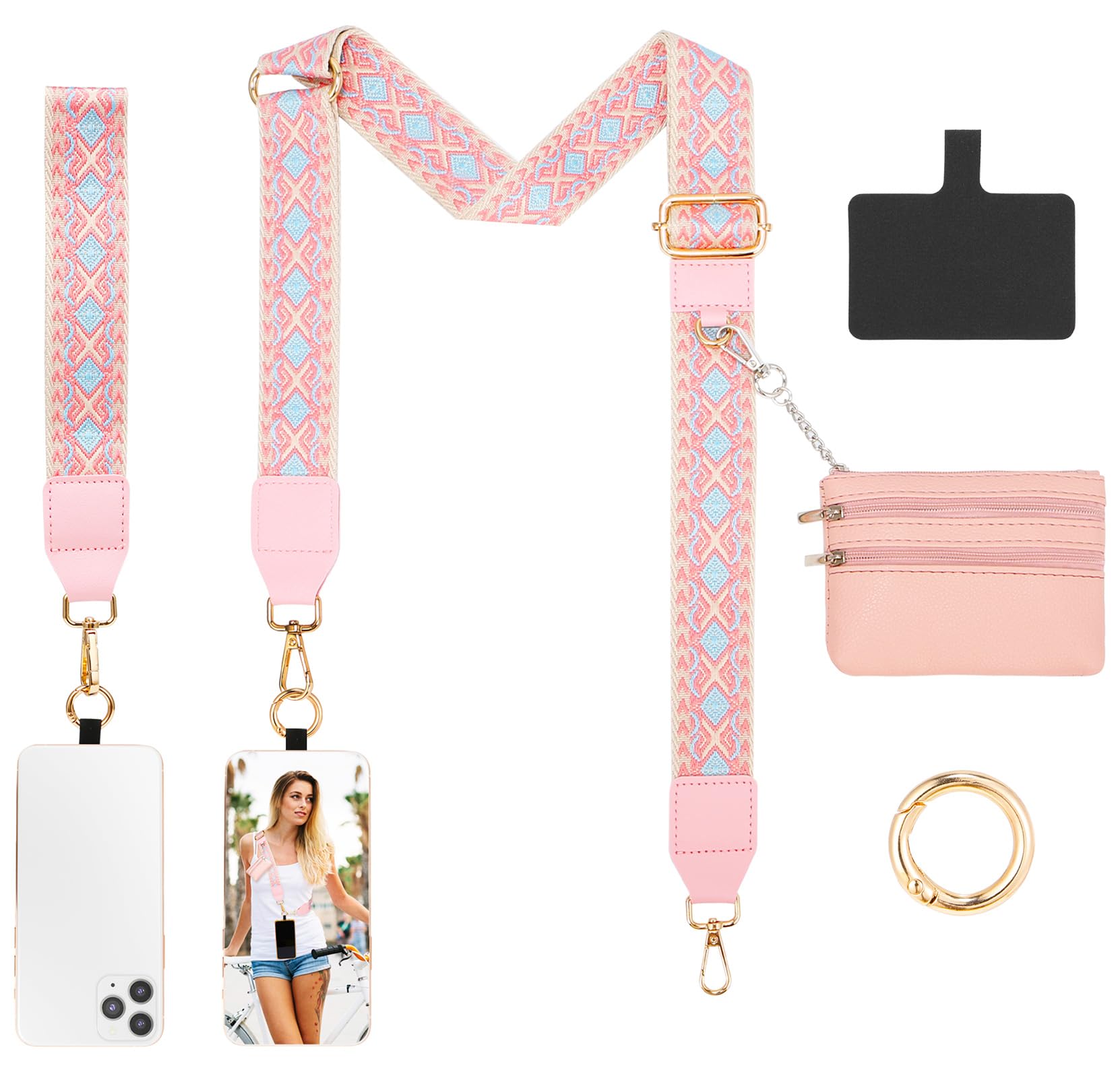 Clip and Go Adjustable Crossbody Phone Strap with Zippered Wallet Pouch - Hands-Free Phone Holder for Travel, Shopping & Outdoor Activities