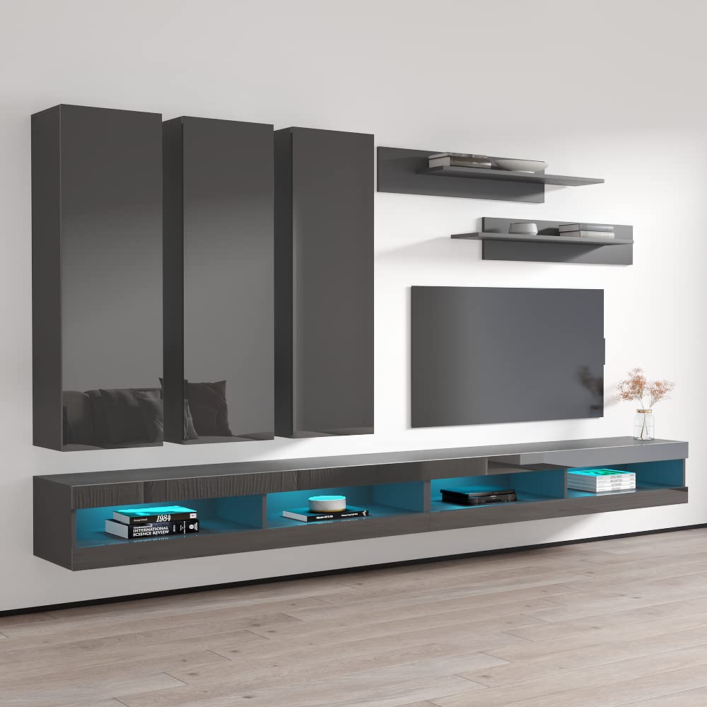 Modern Wall-Mounted TV Stand with Storage Shelves & LED Lights - Fly E 34 Entertainment Center Console for Living Room & Bedroom - Space-Saving Gray TV Cabinet (E1) - Perfect for Small Apartments, Home Theaters & Modern Interior Design