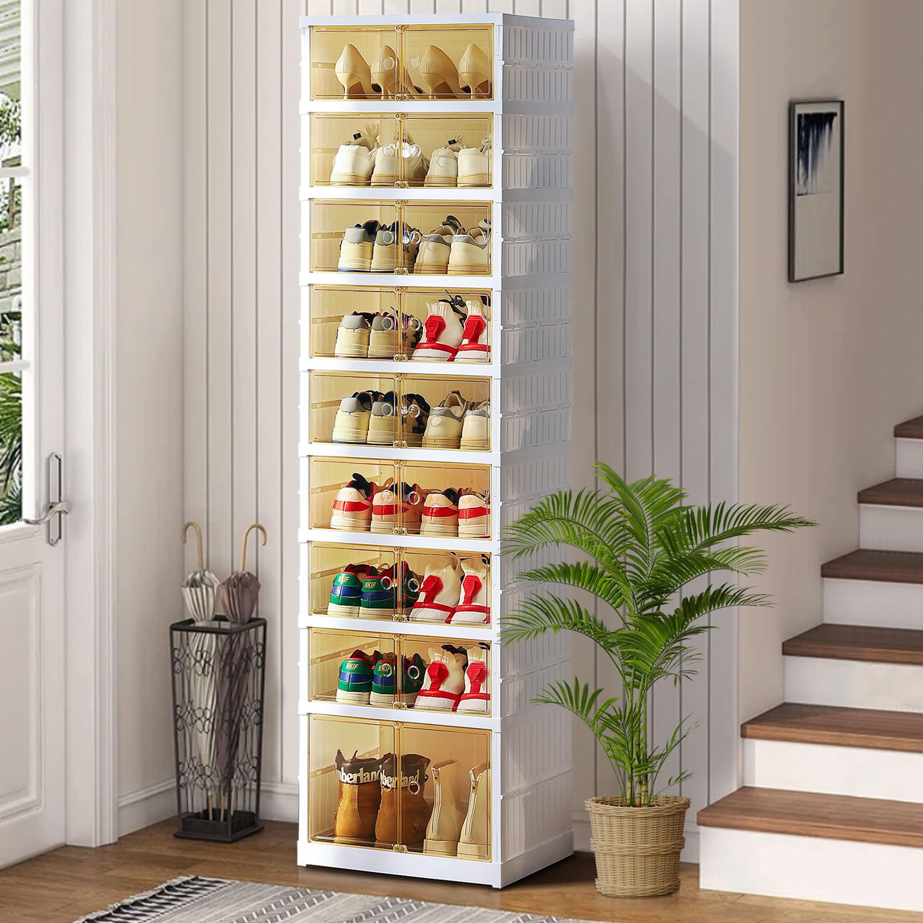 Foldable Clear Plastic Shoe Storage Box - Stackable Shoe Organizer with Lids, Large 9-Tier Shoe Rack Cabinet for Closet, Bedroom & Entryway Organization - Easy No-Assembly Design
