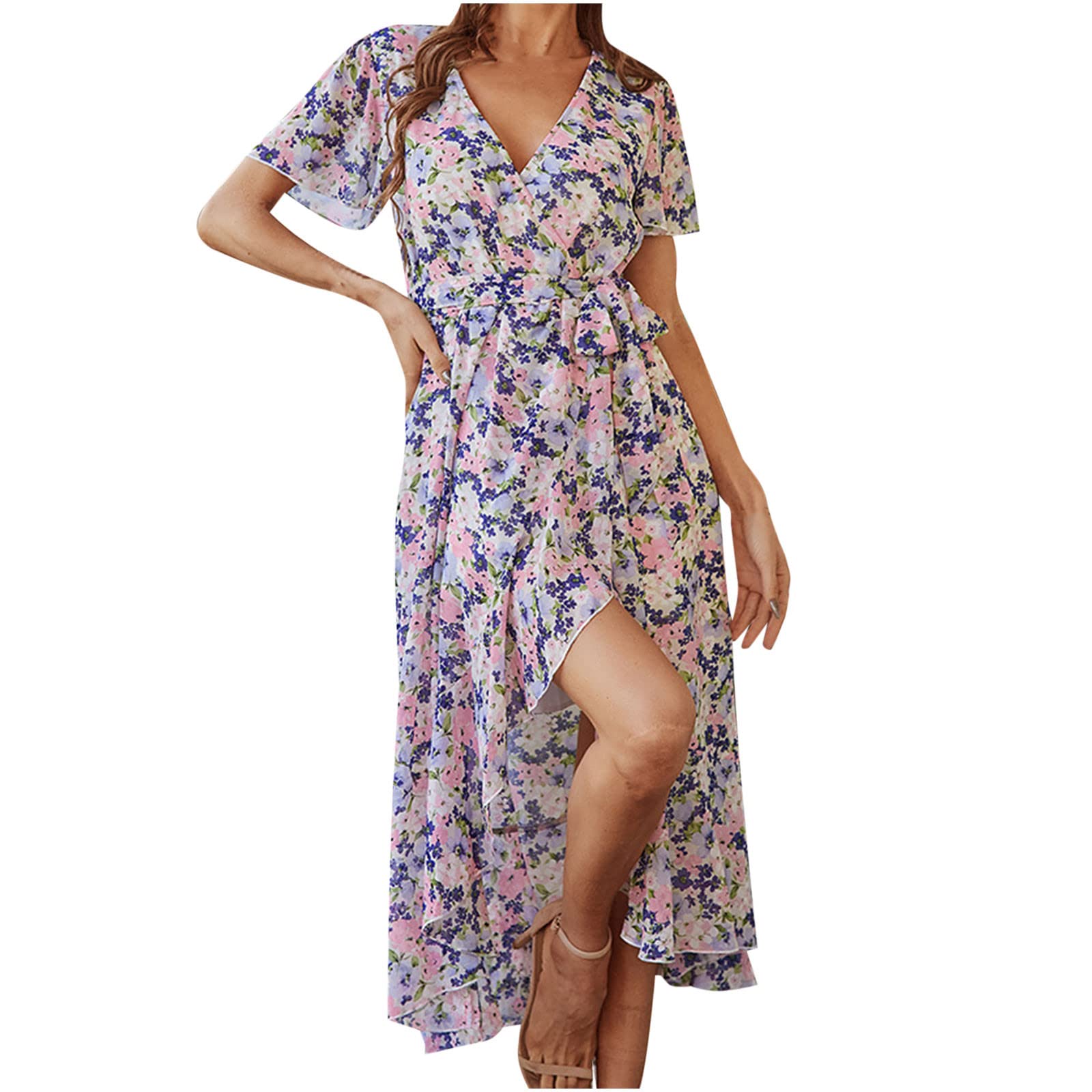 Miximx Women's Floral Print V-Neck Summer Dress - Casual Short Sleeve Ruffled Swing Dress for Beach, Vacation & Outdoor Activities