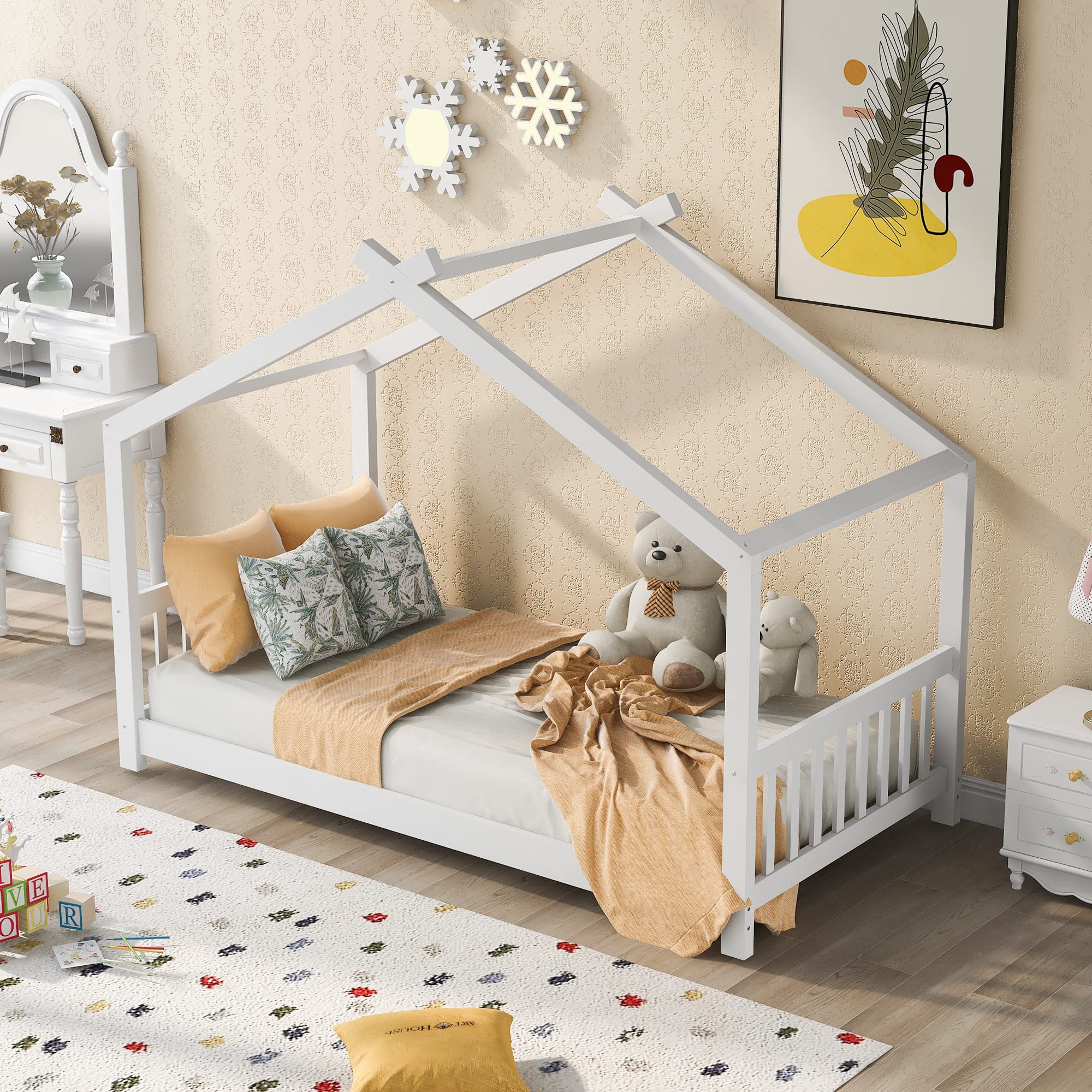 Harper & Bright Designs Wooden House Twin Bed for Kids - White Platform Bed Frame with Headboard & Footboard, Montessori Toddler Bed, No Box Spring Needed - Perfect for Nursery, Bedroom & Playroom Decor