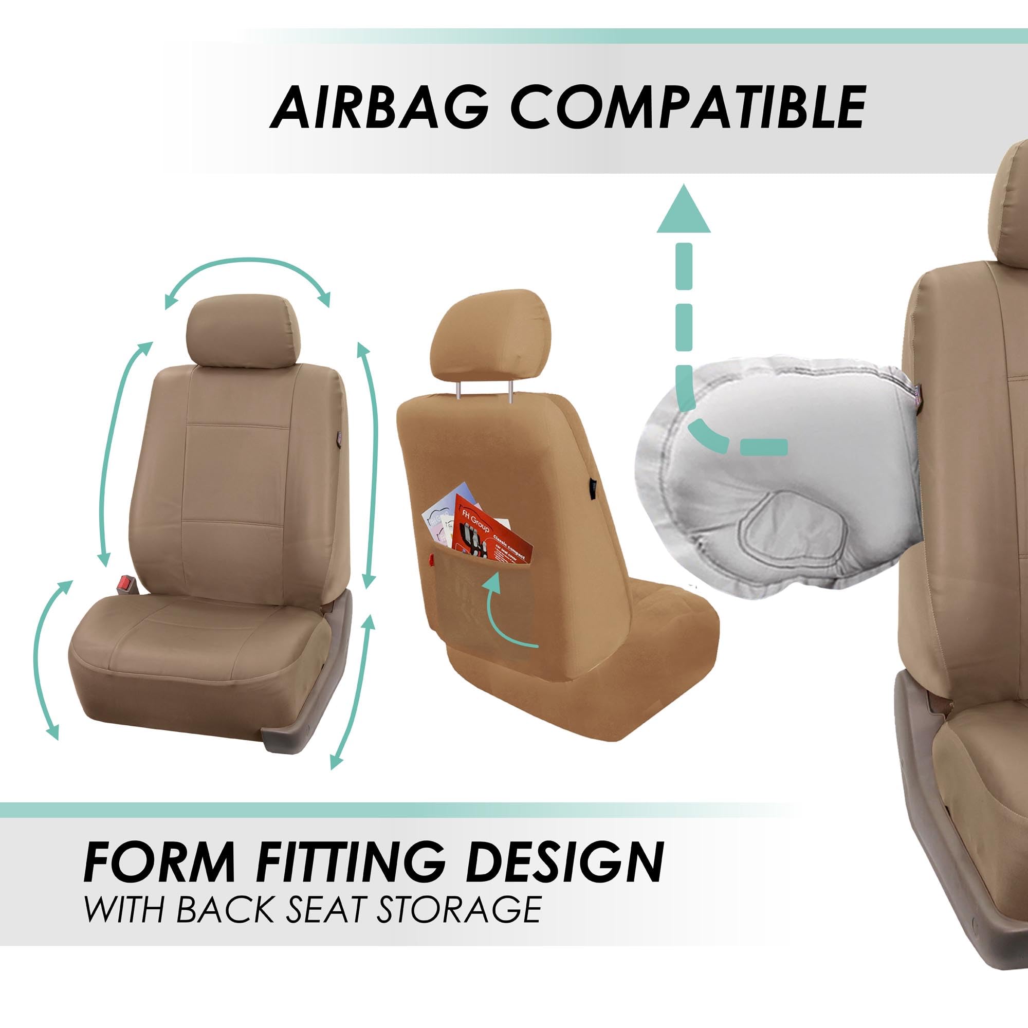 FH Group Classic PU Leather Car Seat Covers Set - Airbag Compatible, Universal Fit for Cars, Trucks & SUVs (Solid Tan) | Premium Protection & Style for Daily Commute, Road Trips & Family Outings