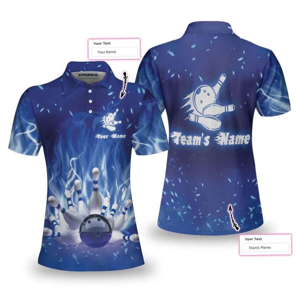 Custom Blue Flame Bowling Polo Shirt for Women - Personalized Short Sleeve Polo Shirt for Female Bowlers - Breathable Sporty Top for Bowling League & Casual Wear - Perfect Gift for Bowling Enthusiasts