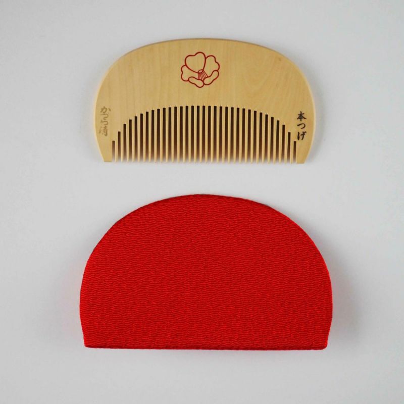 Handmade Japanese Maki-e Urushi Lacquer Tsuge Boxwood Hair Comb with Chirimen Crepe Fabric Case - Kyoto Traditional Craft, Camellia Design - Perfect for Weddings, Tea Ceremonies & Kimono Styling