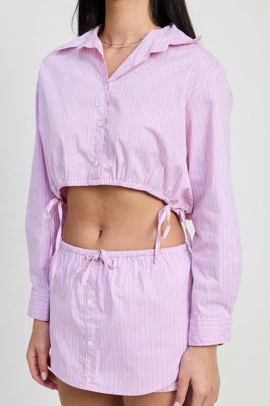 Cropped Button Up Top with Drawstring - Stylish Casual & Streetwear Outfit for Women | Perfect for Summer, Beach, and Everyday Wear