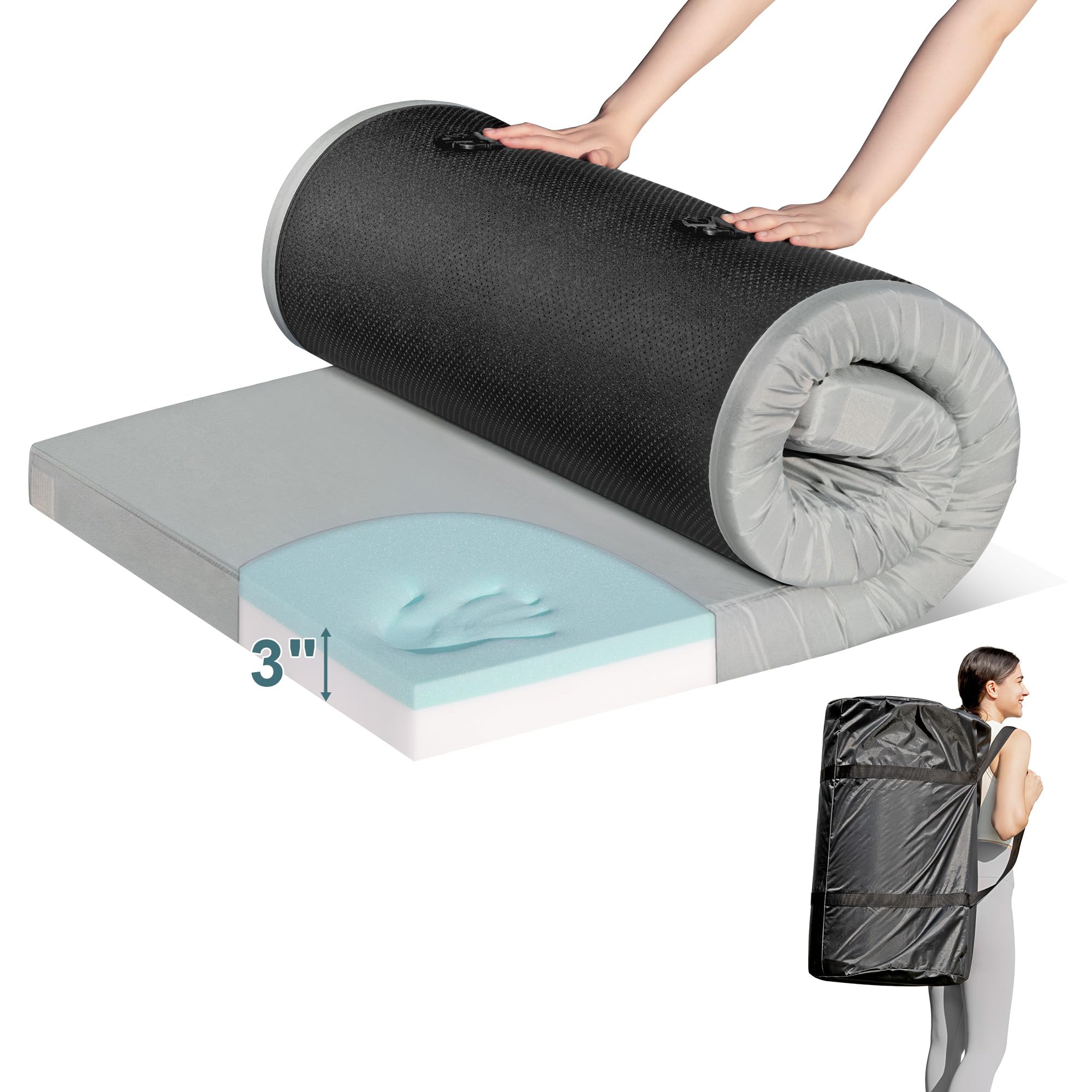 CertiPUR-US Certified Memory Foam Camping Sleeping Pad - Waterproof Roll Up Mattress for Adults, Thick Portable Floor Mat for Tent, Truck Bed & Guest Bed - Includes Travel Storage Bag | Perfect for Backpacking, Road Trips & Outdoor Adventures