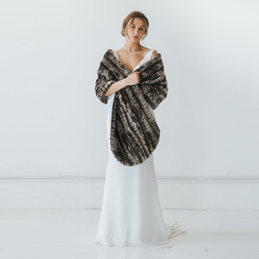 Luxury Silver Brown Faux Fur Long Stole Scarf - Elegant Winter Wrap for Women, Perfect for Parties, Weddings & Cold Weather Fashion