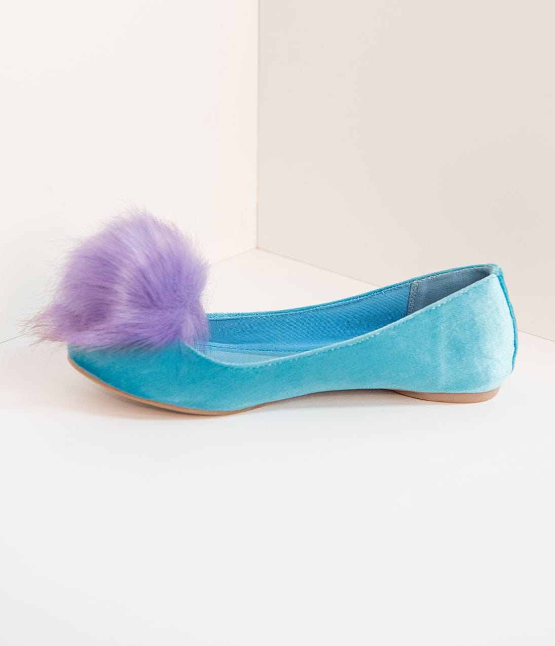 Teal Velvet & Purple Pom Pom Ballet Flats - Women's Comfortable Slip-On Shoes for Casual Wear, Office, and Parties
