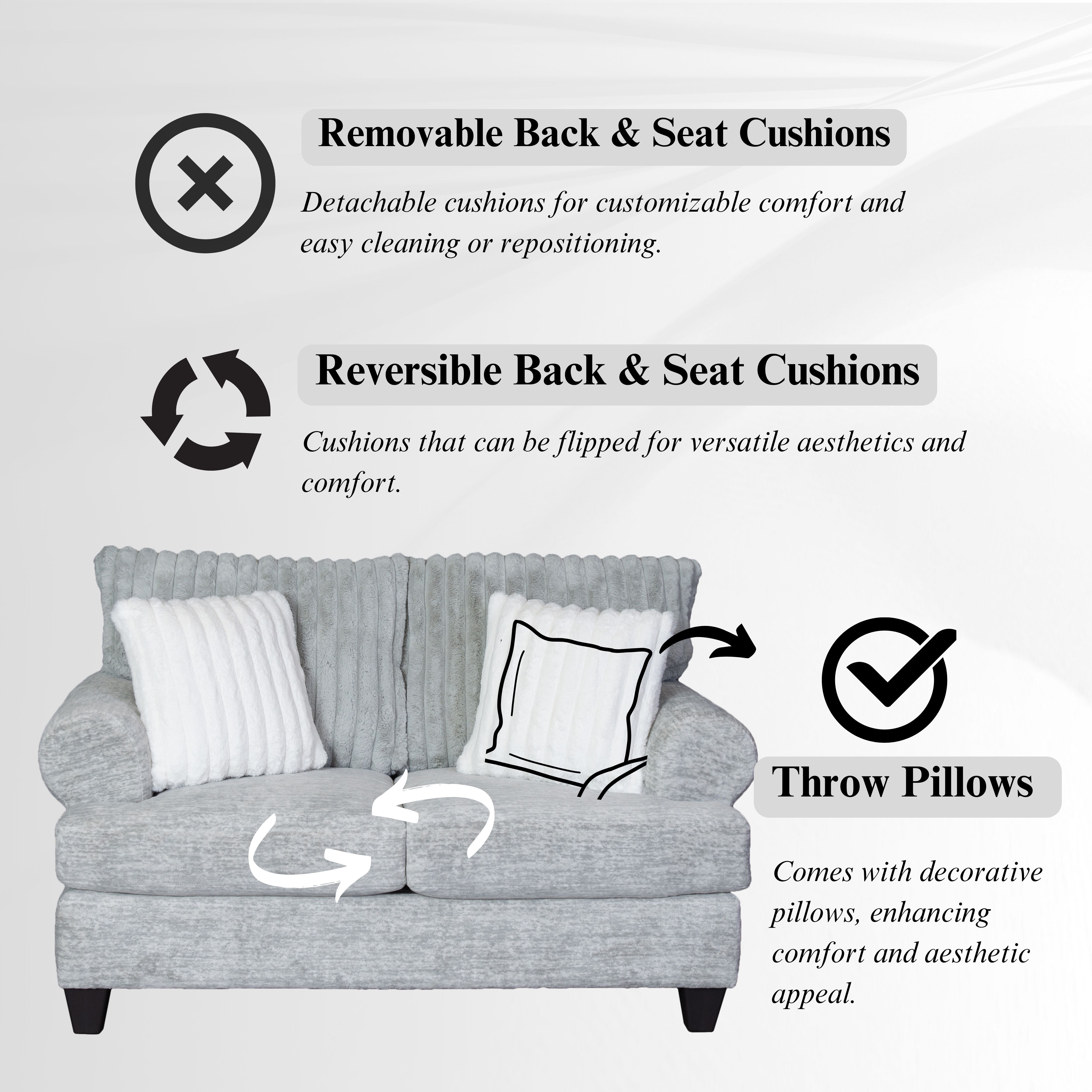 Oasis Living Room Collection: 3-Piece Sofa and Loveseat Set in Galactic Oyster Gray - Modern Sectional Couch for Small Spaces, Apartment & Cozy Home Decor
