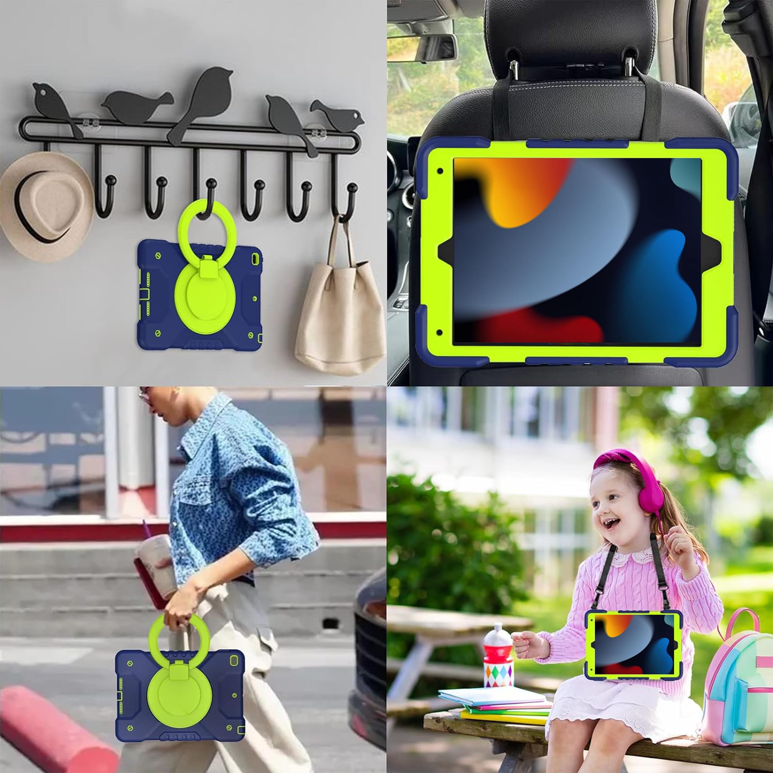 Shockproof iPad 10.2 Case for 9th/8th/7th Gen (2021/2020/2019) - Heavy Duty Rotating Handle Stand with Stylus Holder & Shoulder Strap - Navy & Green Protective Cover for Kids, Students & Professionals - Perfect for School, Travel & Outdoor Use