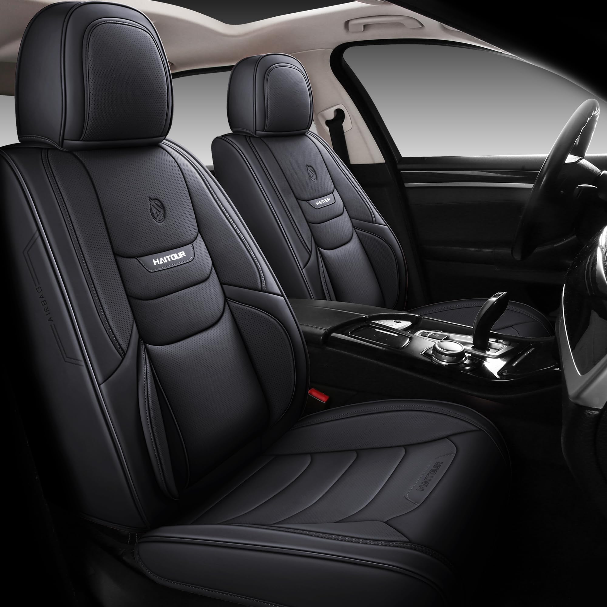 Universal Fit Full Coverage Leather Car Seat Covers for Cars, Sedans, Trucks & SUVs - Waterproof Luxury Seat Protector with Cushion (5-Seat Set, Black) - Perfect for Daily Commute, Road Trips & Vehicle Protection