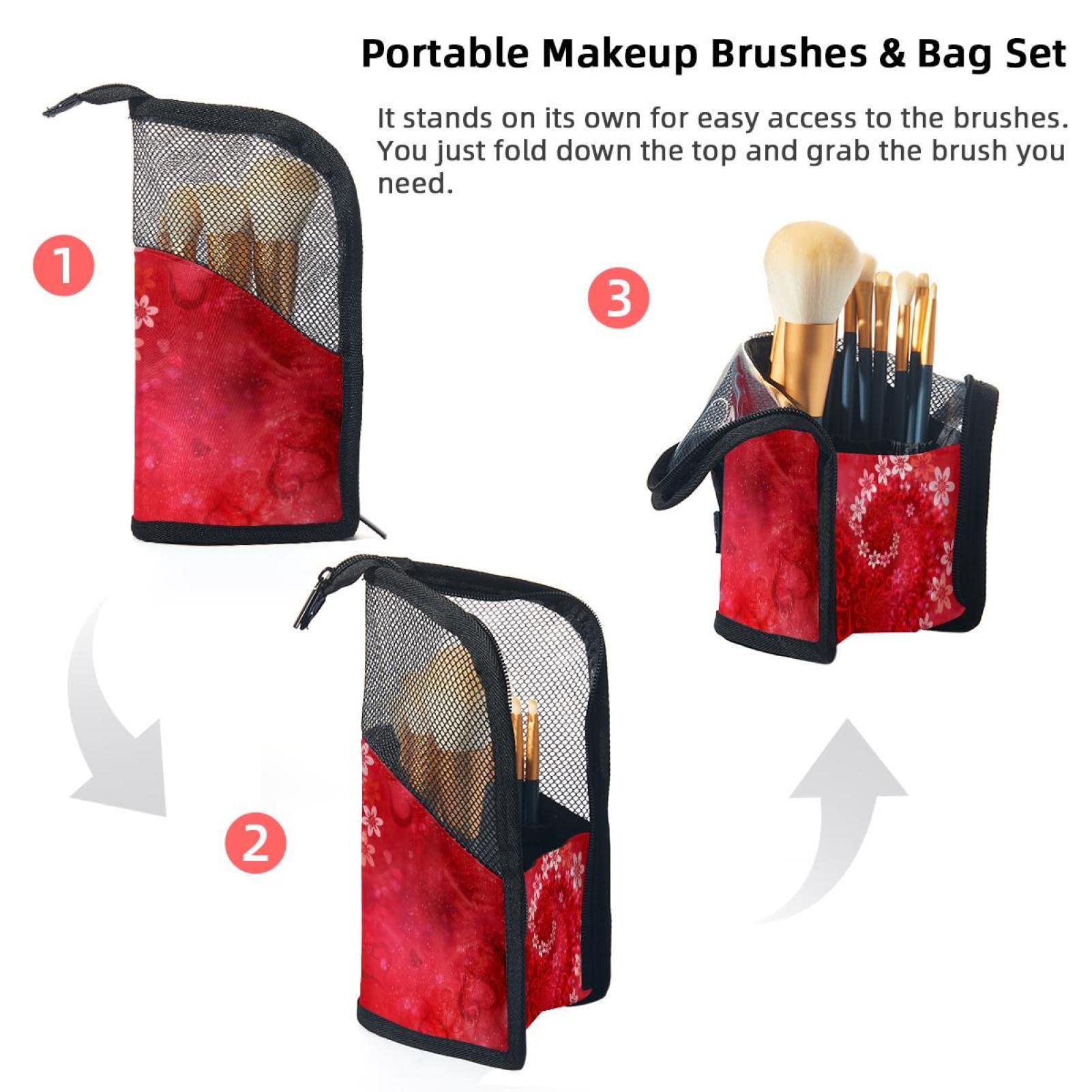 12-Piece Makeup Brush Organizer Bag with Flower Design - Portable Travel Cosmetic Brush Holder Case for Valentine's Day Gifts, Makeup Artists & On-the-Go Beauty Essentials