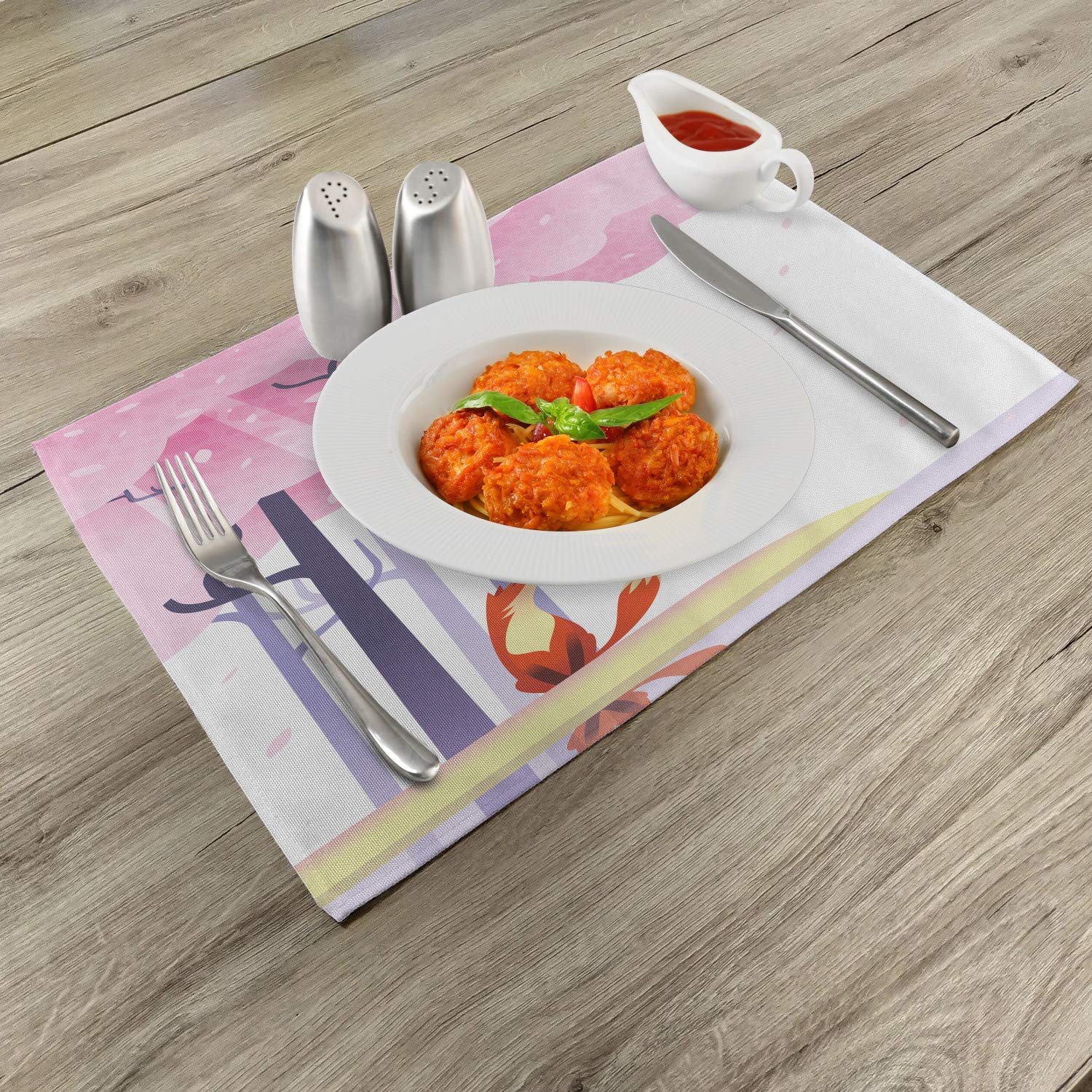 Ambesonne Fox Place Mats Set of 4 - Spring Inspired Pink Sakura Tree & Falling Leaves Design - Washable Fabric Table Mats for Dining Room & Kitchen Decor in Pale Pink, Orange & Lavender - Perfect for Spring Parties, Easter Decor & Cozy Family Dinners