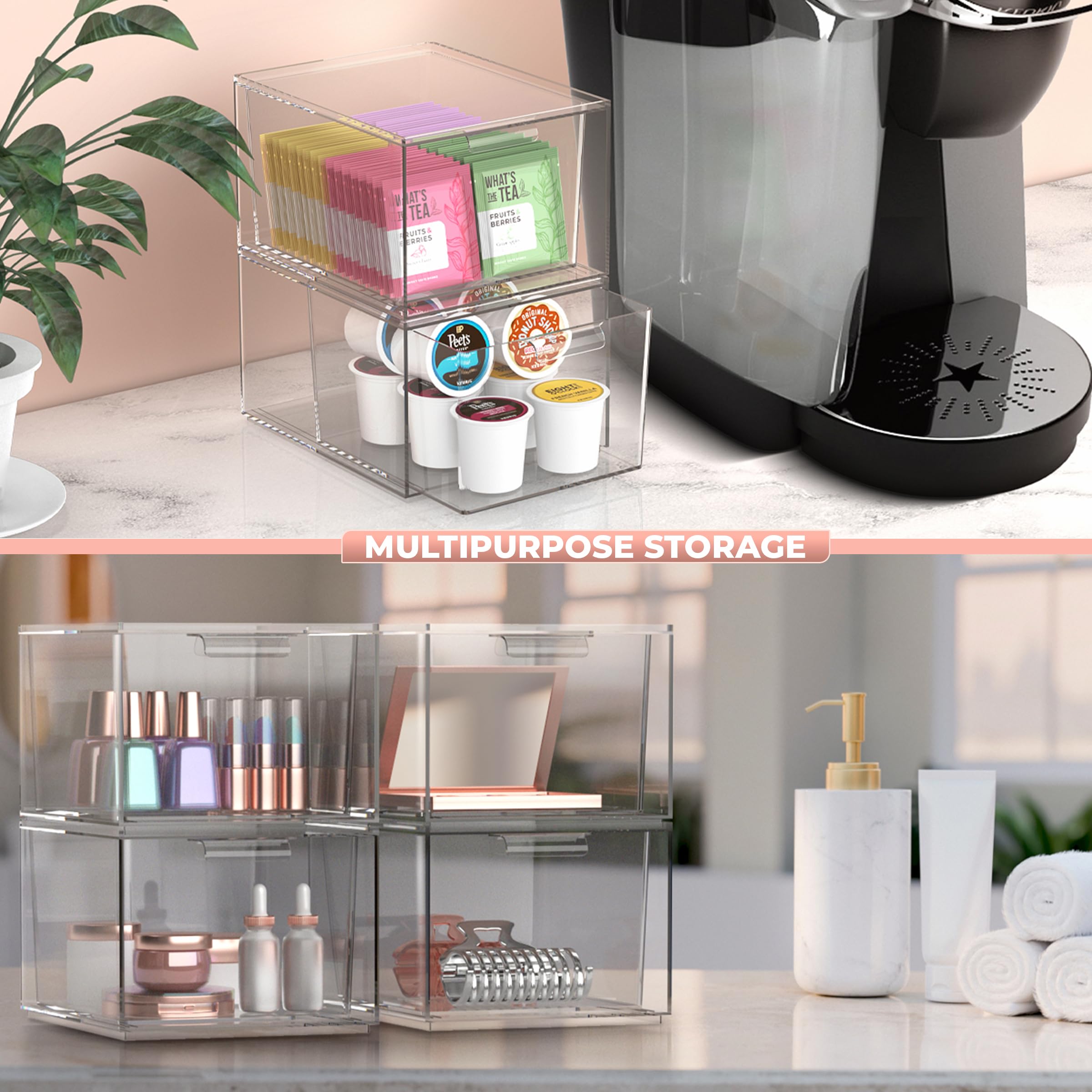 Clear Stackable Storage Drawers 4-Pack - Acrylic Organizer for Vanity, Bathroom & Kitchen | Home Organization Solution