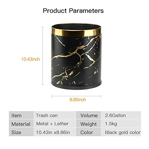 2.6 Gallon Small Office Trash Can with Lid - Black Gold Marble Bathroom & Bedroom Waste Basket - Invisible Garbage Bin for Living Room, Kitchen, Dorm - Odor Control & Space Saving Design