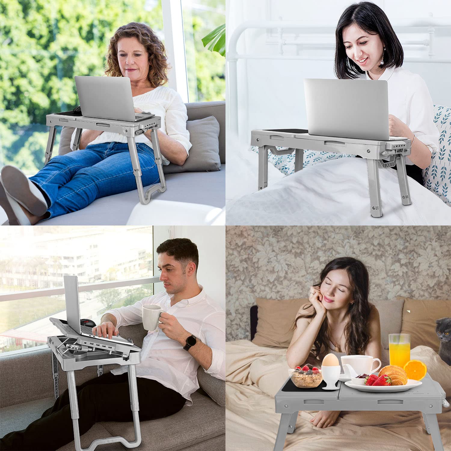 Adjustable Laptop Stand with Cooling Fan & Mouse Pad - Foldable Lap Desk with LED Light & 4 USB Ports - Portable Laptop Table for Bed, Couch, Sofa & Floor Use (Grey) - Perfect for Work, Gaming & Streaming in Bed or Living Room