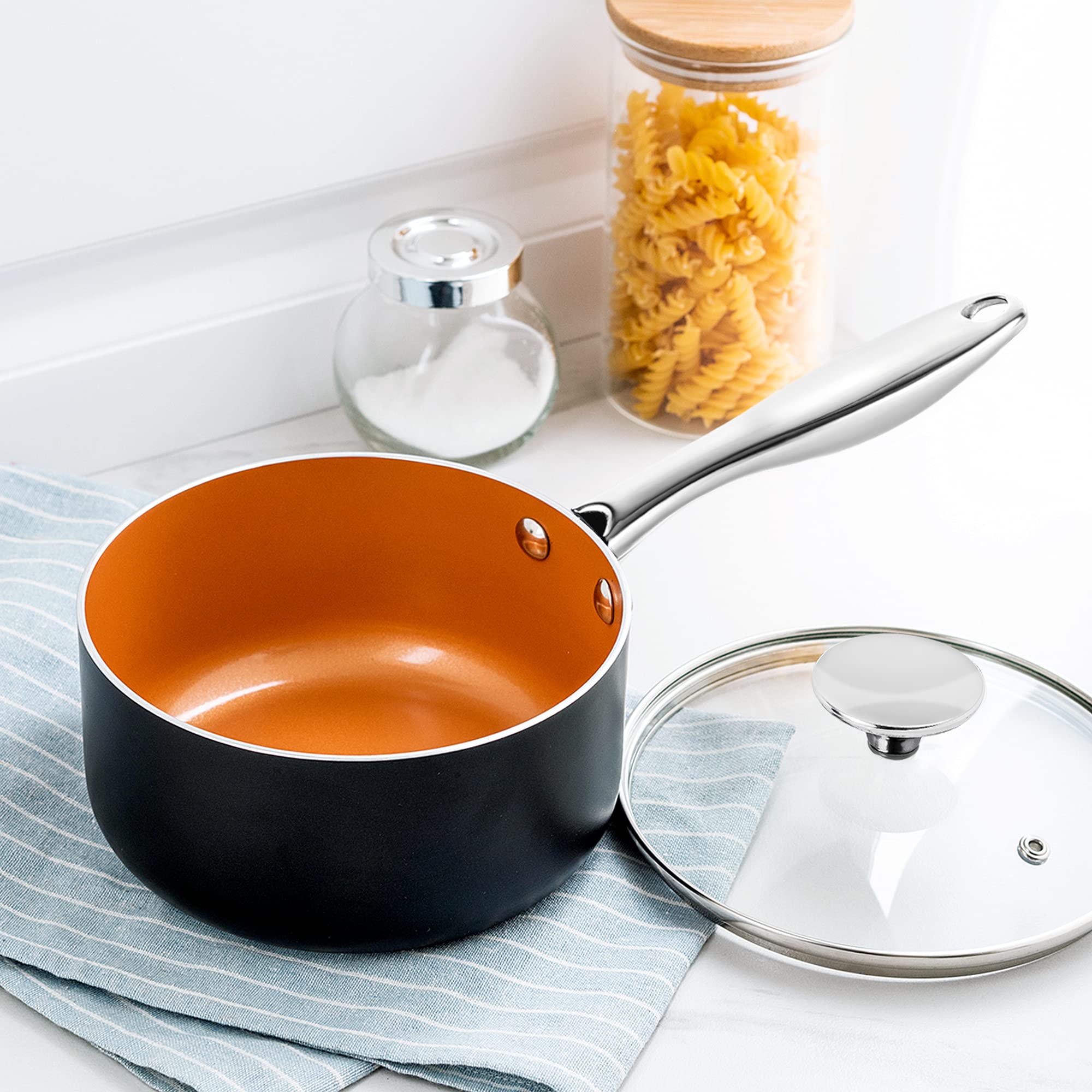 MICHELANGELO 3 Quart Nonstick Saucepan with Lid - Copper Ceramic Coated Induction Compatible Cooking Pot for Sauces, Soups & Pasta | Perfect for Stovetop, Oven & Daily Kitchen Use