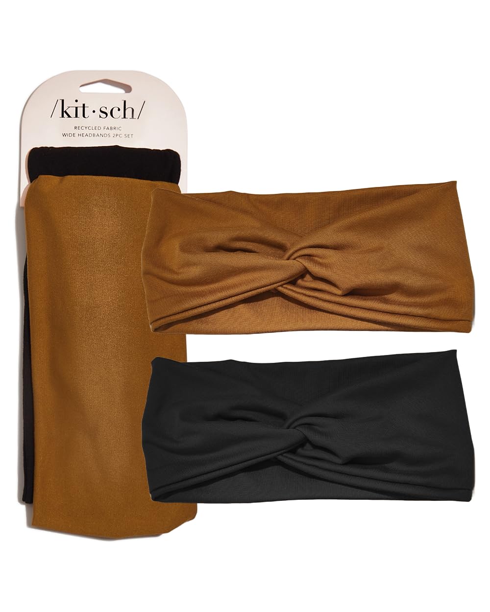 Kitsch Wide Headbands for Women - Stretchy Sports Headbands for Workout, Yoga, Gym, Running & Exercise | Non-Slip Hair Accessories for Women (Black & Camel, 2-Pack) | Perfect for Active Lifestyles & Everyday Wear