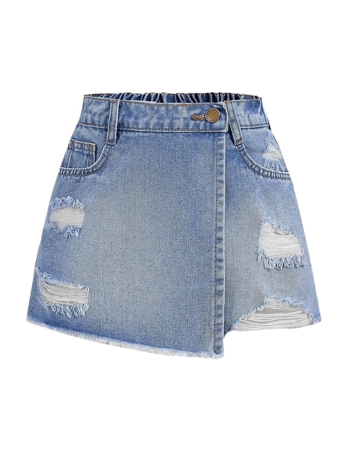 Girl's Denim Skirt with Button & Elastic Waist - Ripped Mini Shorts, Asymmetric Wrap Skorts with Pocket | Casual Summer Outfits, Streetwear Fashion for Teens