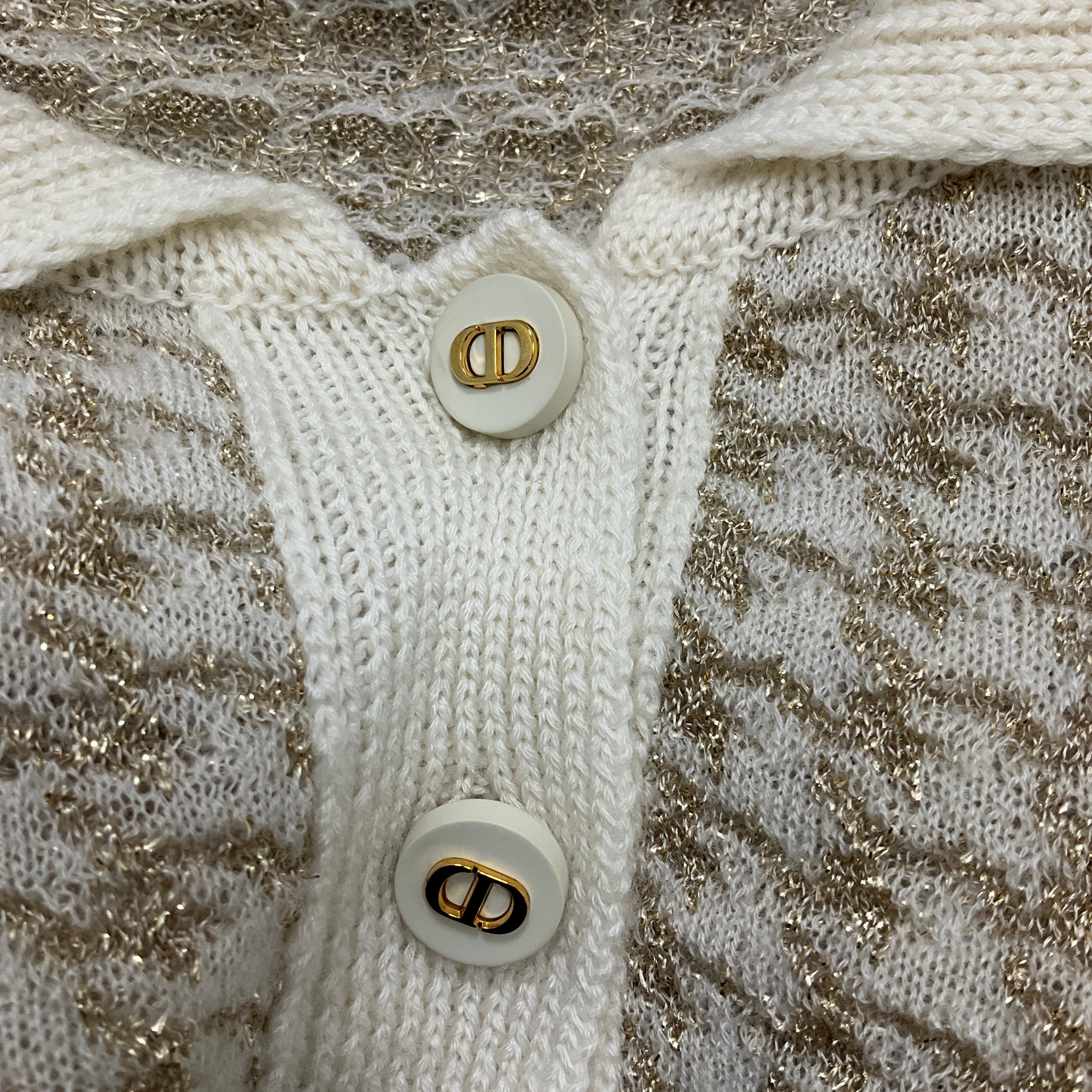 Christian Dior Ivory & Gold Metallic Cashmere Polo Sweater - Short Sleeve Houndstooth Knit Top for Women | Perfect for Office Wear & Luxury Casual Outings
