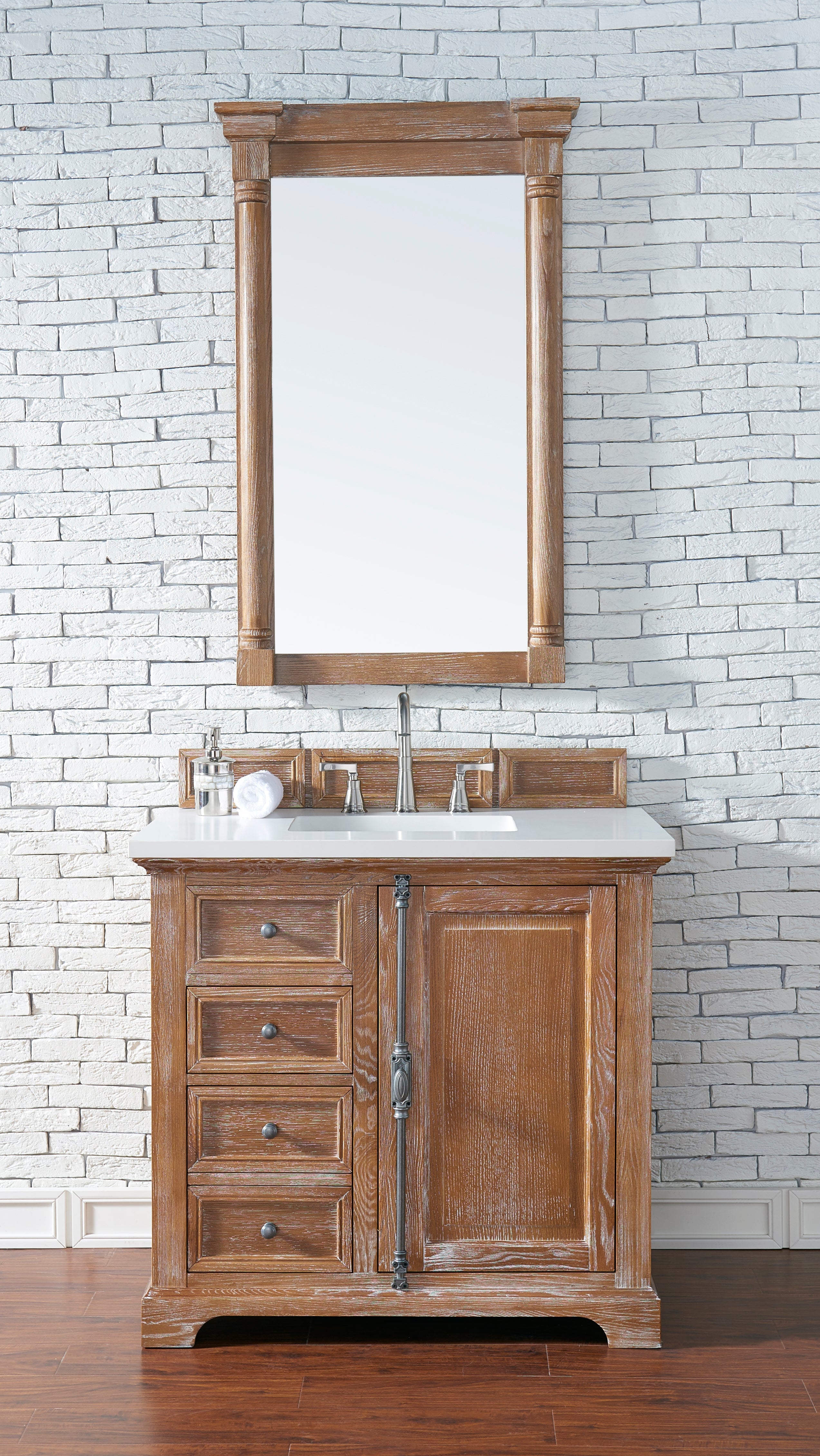 Providence 36 Inch Single Vanity Cabinet with 3CM Classic White Quartz Top - Driftwood Finish for Bathroom Remodel & Modern Home Decor
