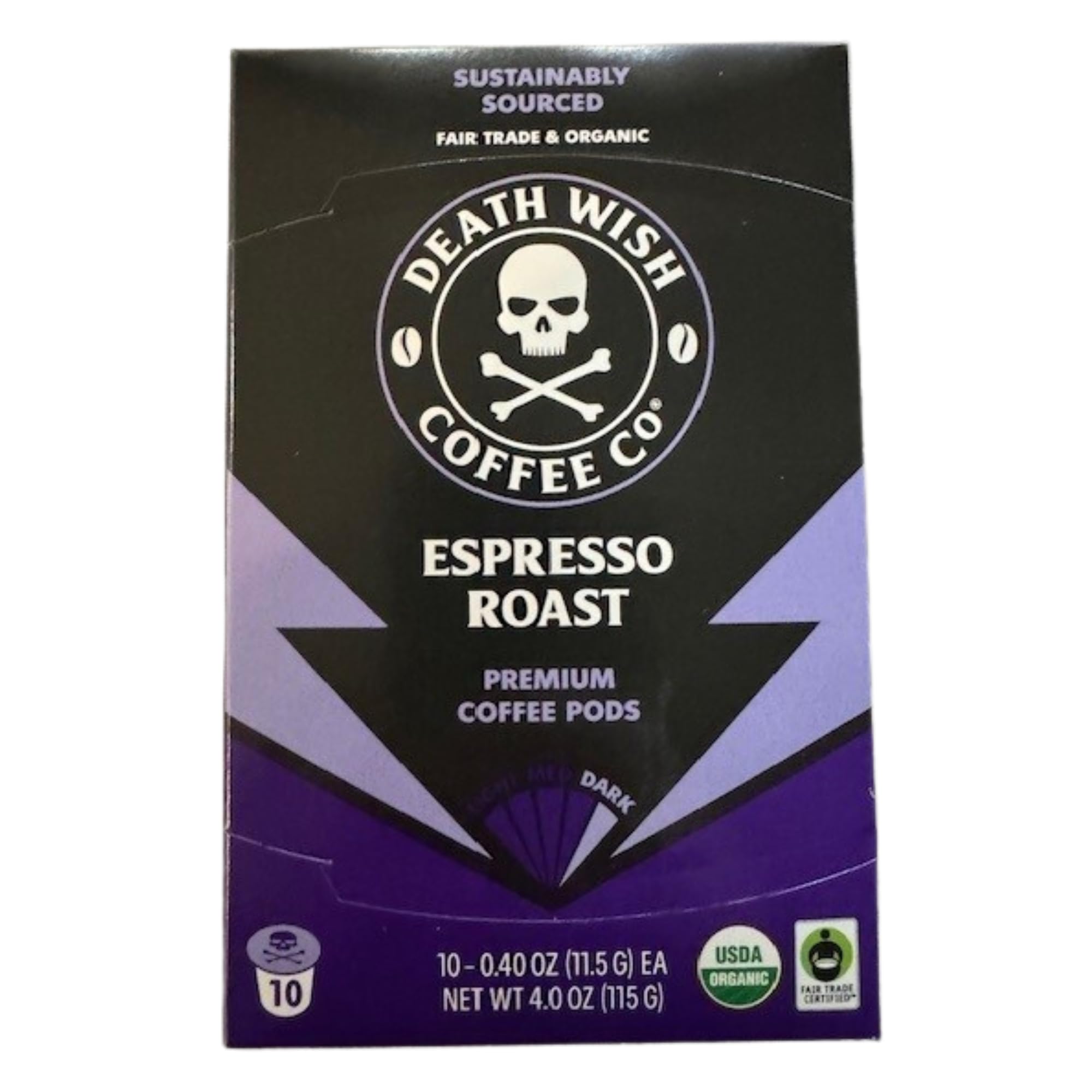 Death Wish Coffee Co. Espresso Roast Single Serve Coffee Pods - Strongest Fair Trade Organic Coffee (10 Count) - Perfect for Home & Office Brewing