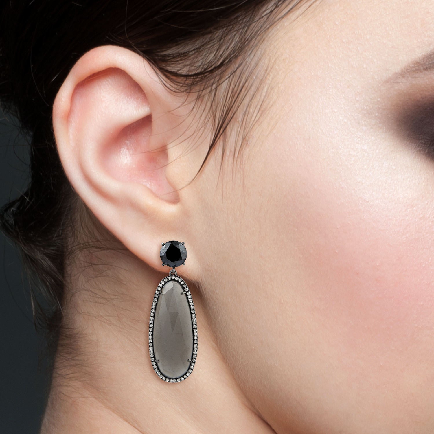 Handmade 18K Oxidized Gold Egg Cut Moonstone Pave Diamond Dangler Earrings | Elegant Boho Jewelry for Weddings, Parties & Special Occasions